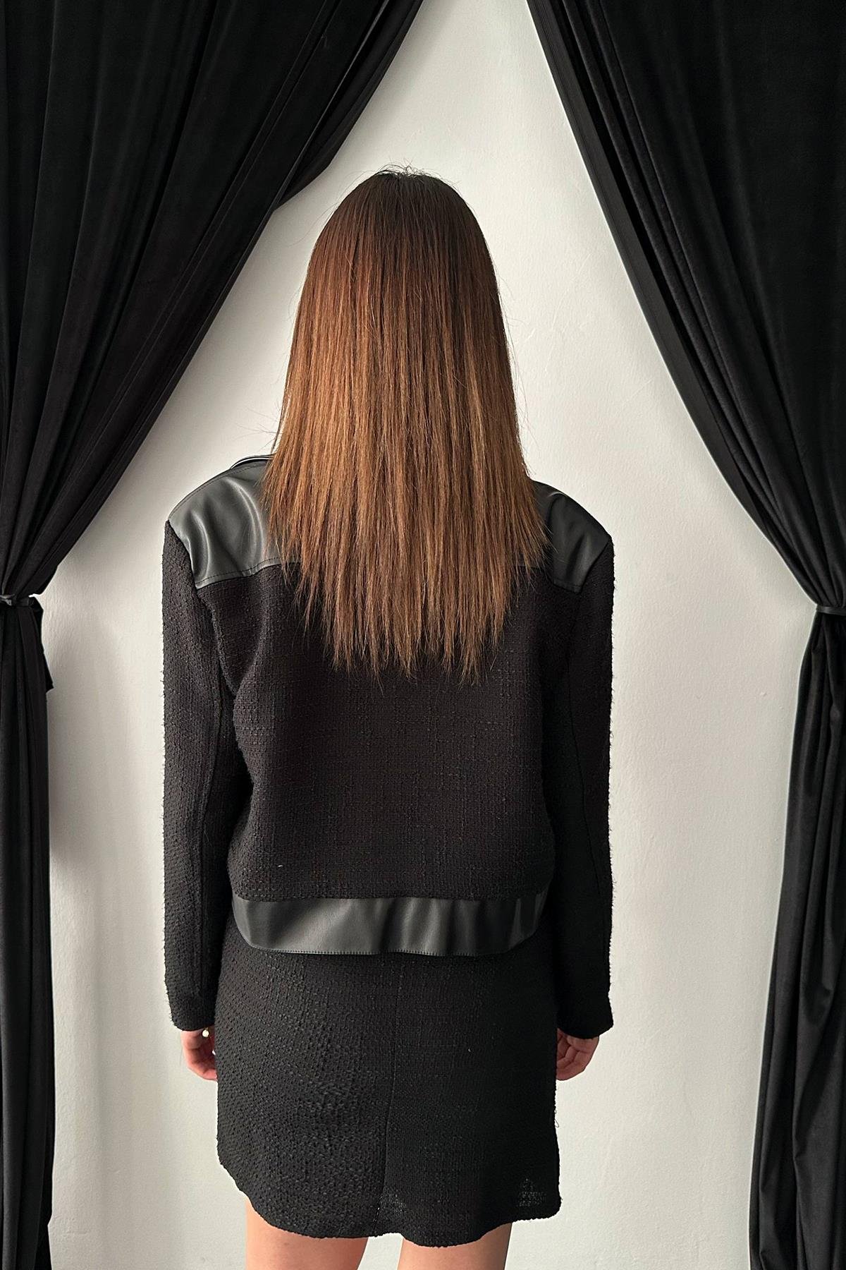 Toptan Siyah Üçlü Deri Garnili Ceket ve Pantolon Takım