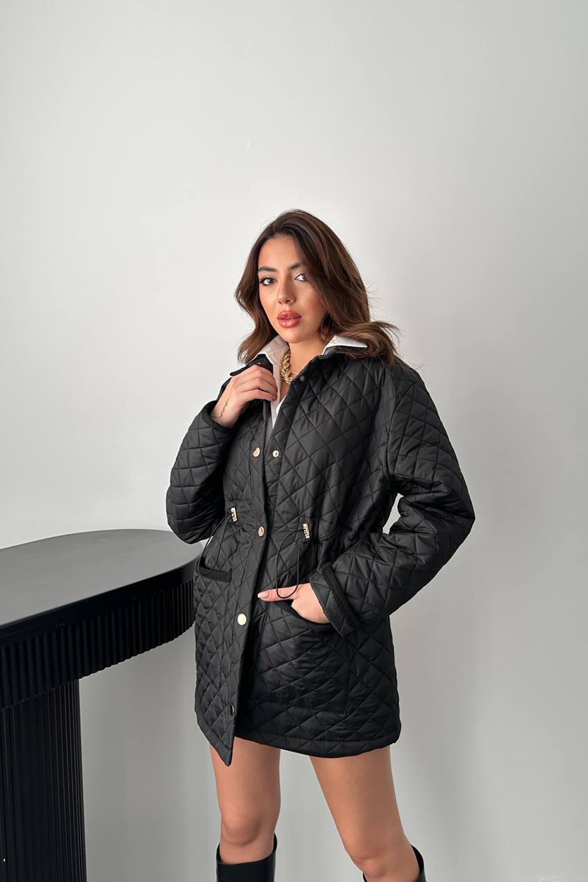 Toptan Siyah Yakası Süet Kapitone Ceket