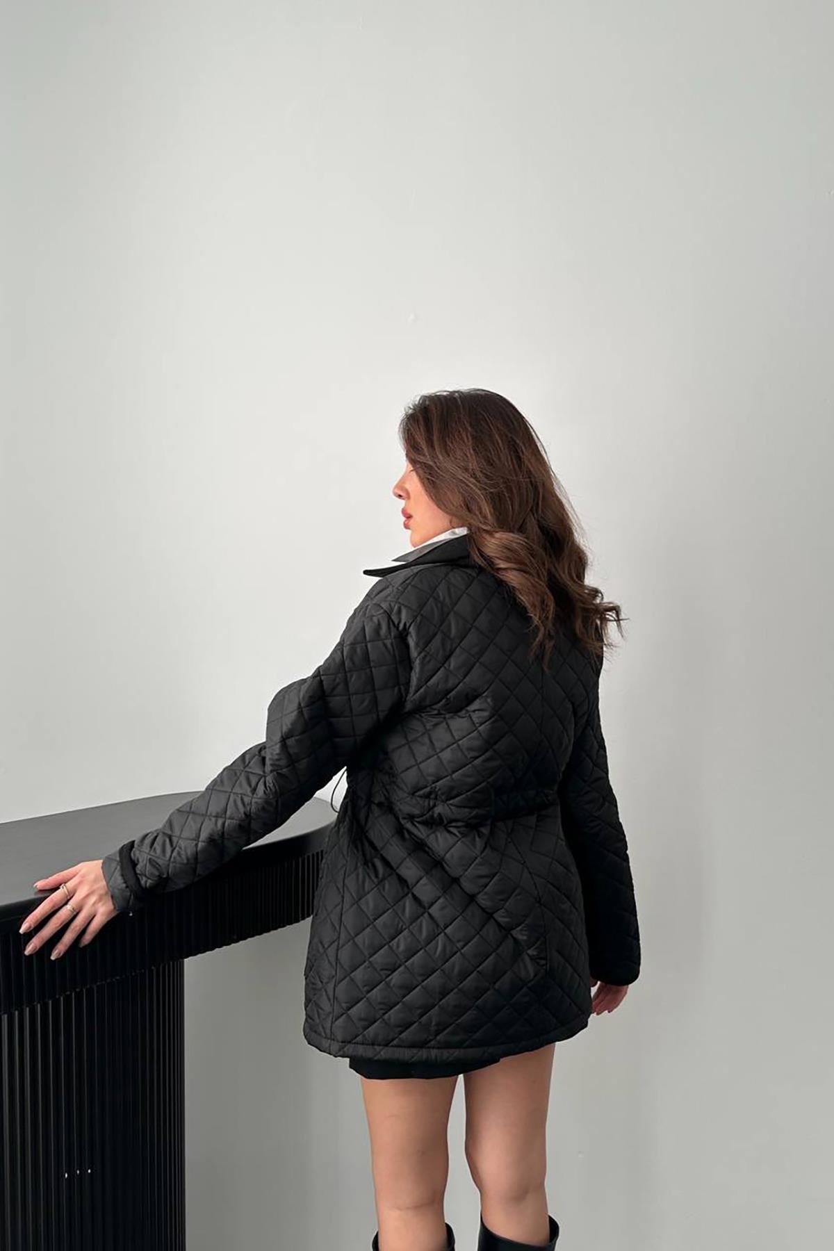 Toptan Siyah Yakası Süet Kapitone Ceket