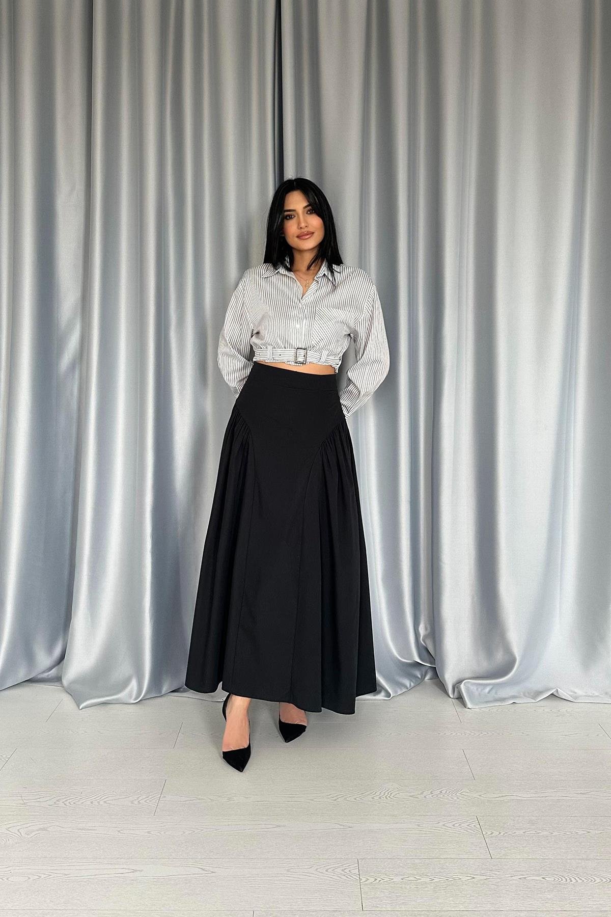 Toptan Siyah Yanları Büzgülü Uzun Etek