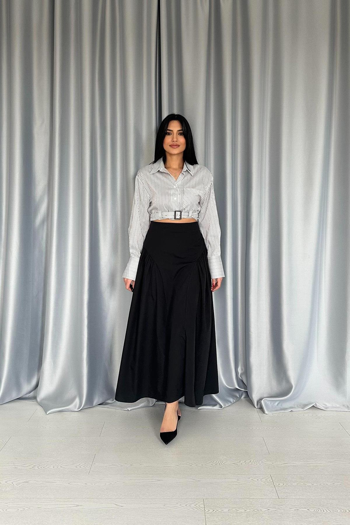 Toptan Siyah Yanları Büzgülü Uzun Etek