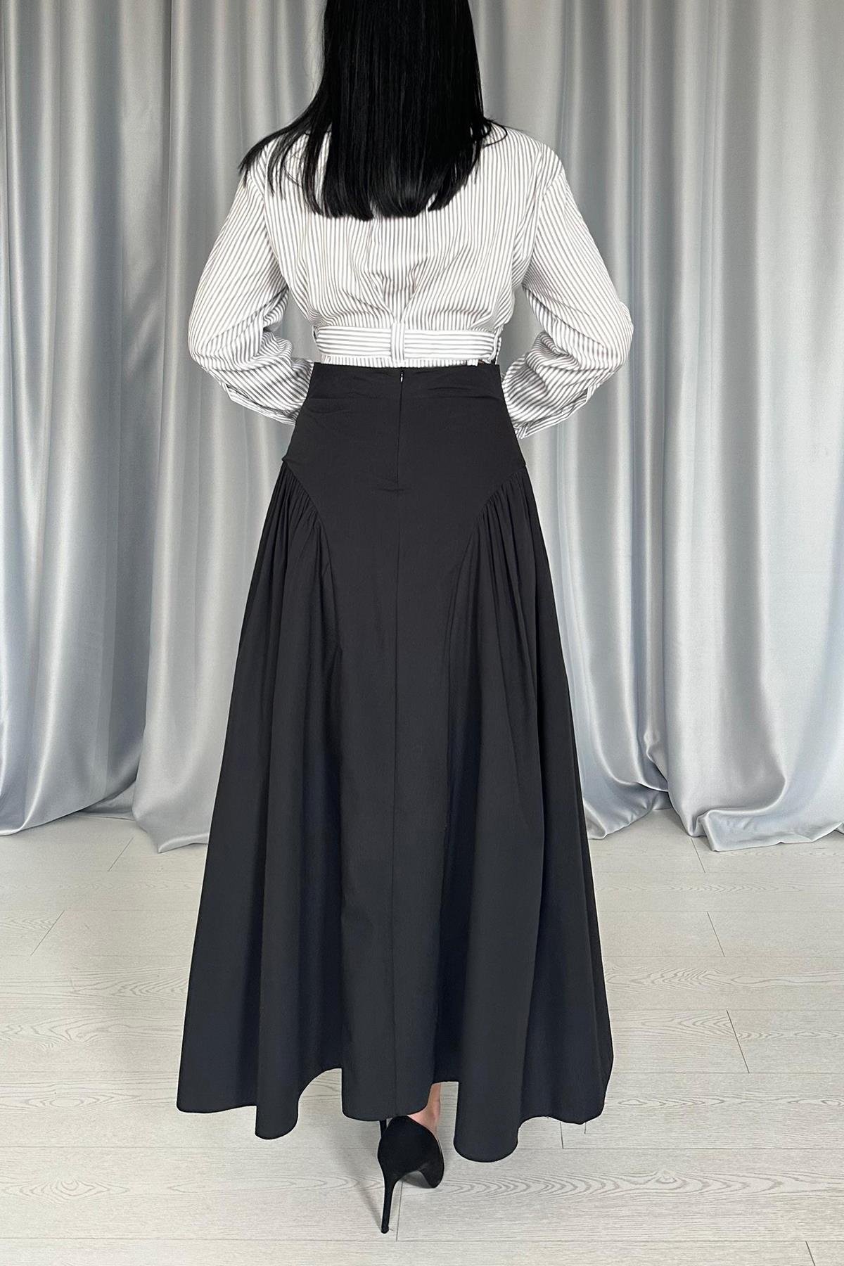 Toptan Siyah Yanları Büzgülü Uzun Etek