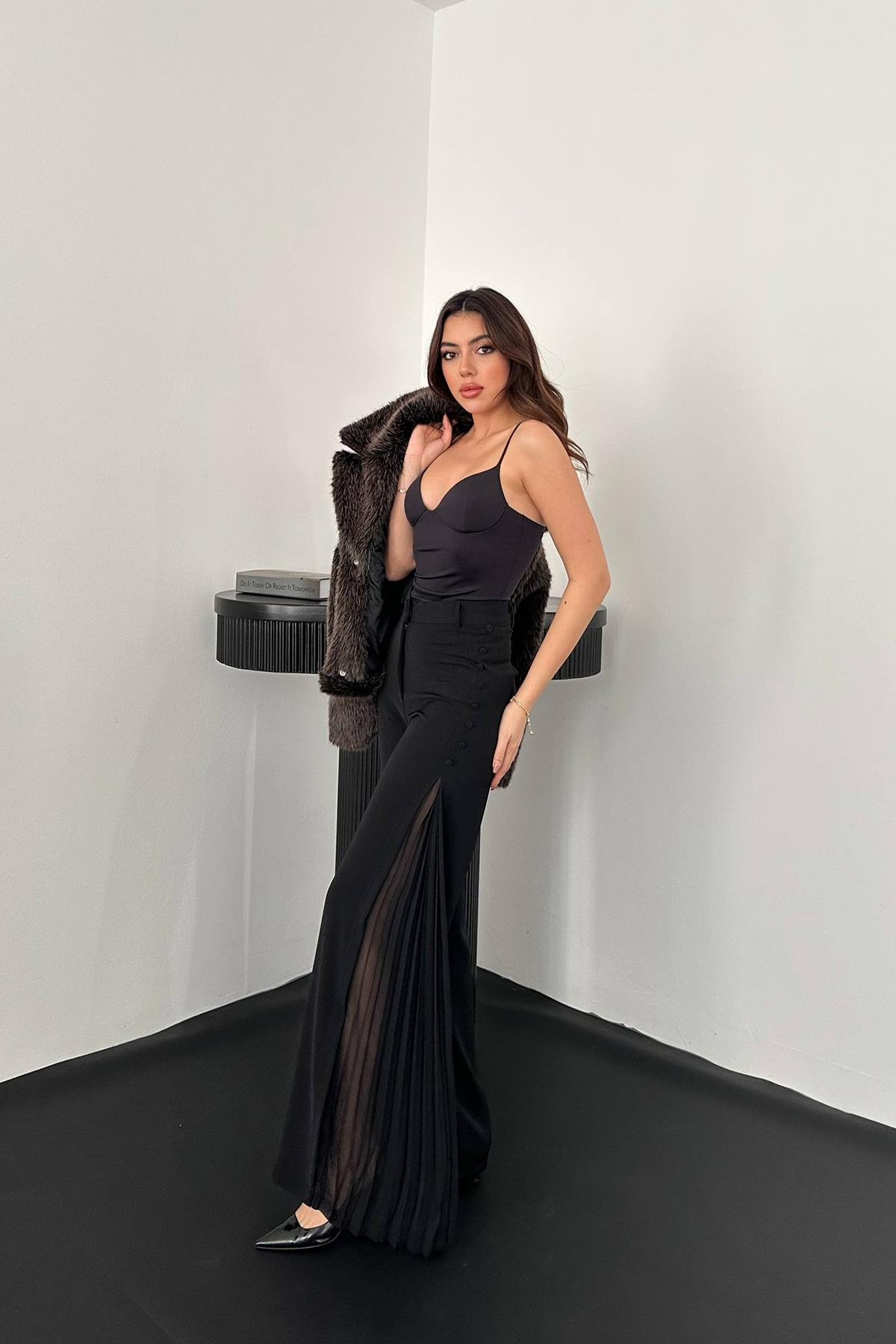 Toptan Siyah Yanları Piliseli Pantolon