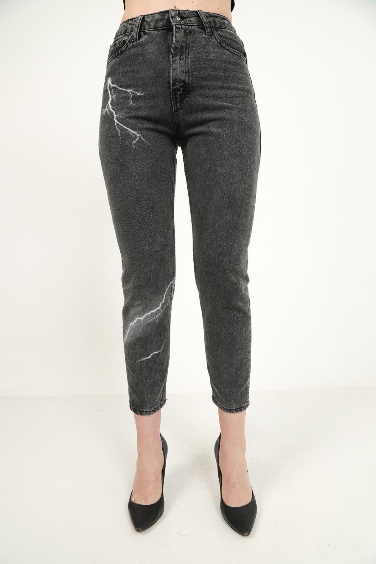Toptan Siyah Yıldırım Desenli Jeans Pantolon