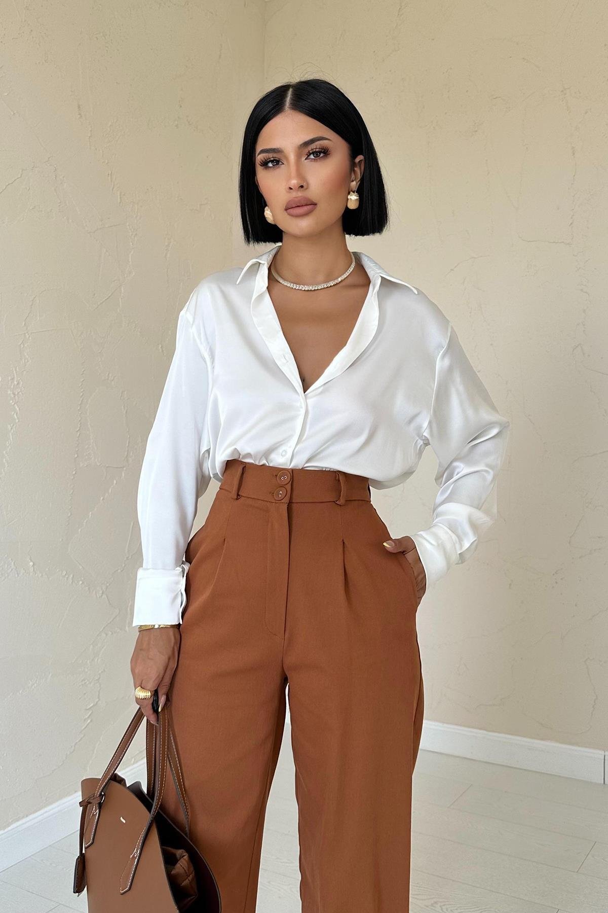 Toptan Taba Düğme Detaylı Pantolon