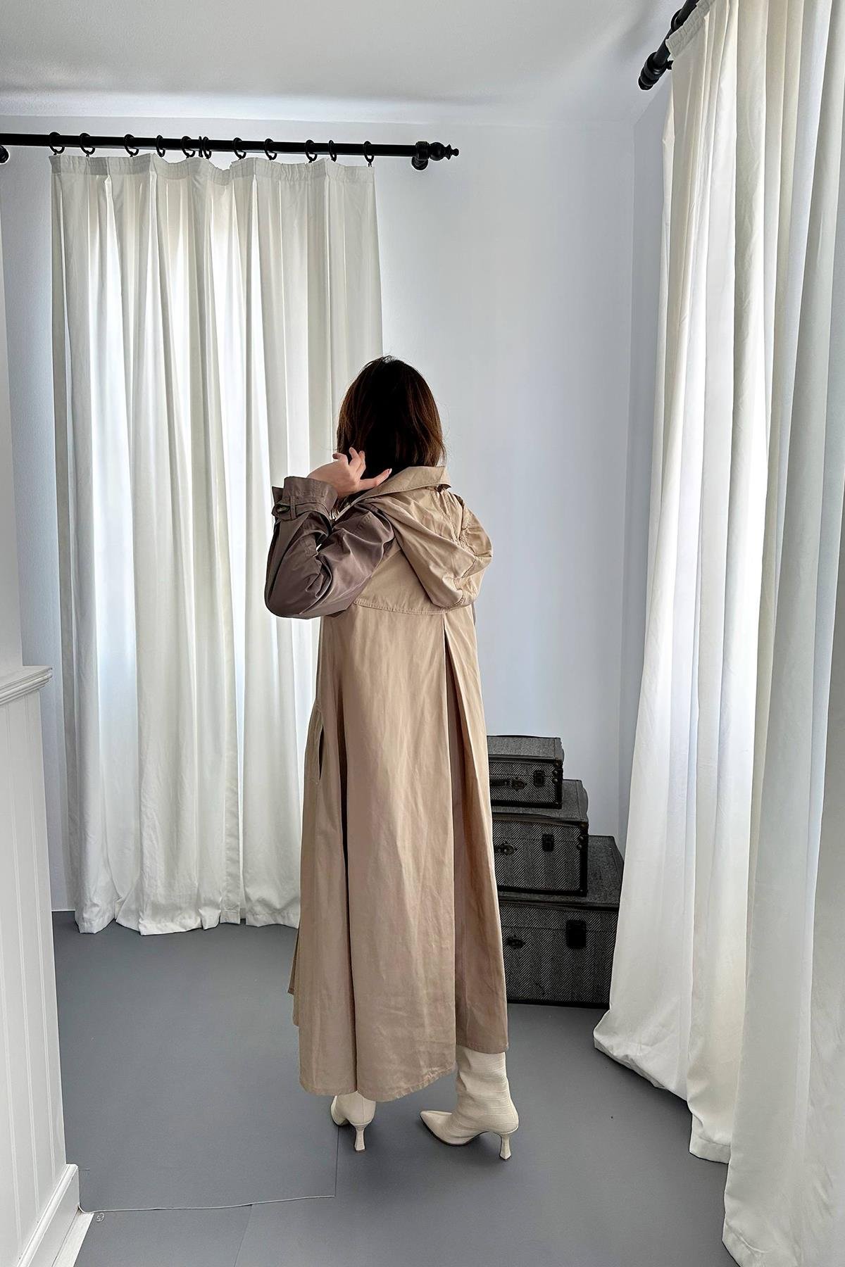 Toptan Taba Kapüşonlu Uzun Trençkot