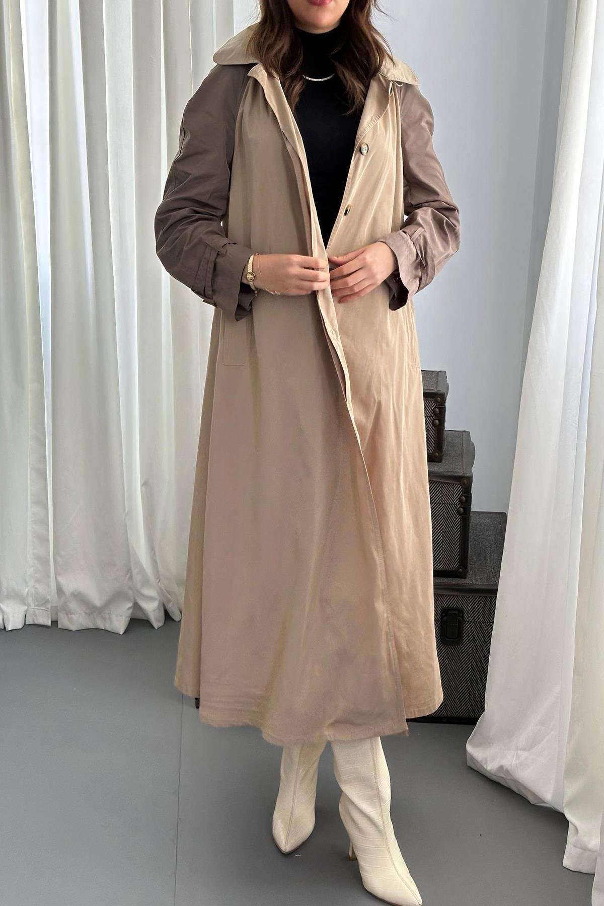 Toptan Taba Kapüşonlu Uzun Trençkot