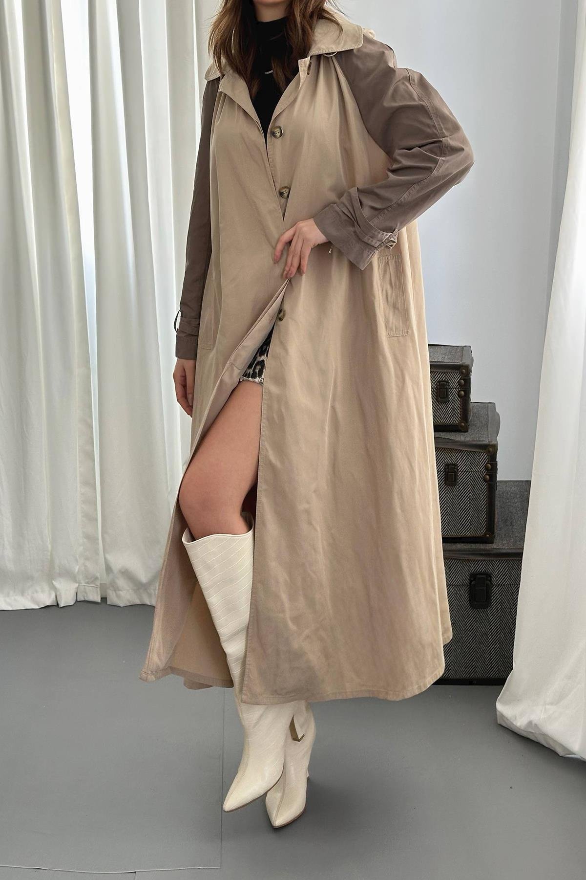 Toptan Taba Kapüşonlu Uzun Trençkot