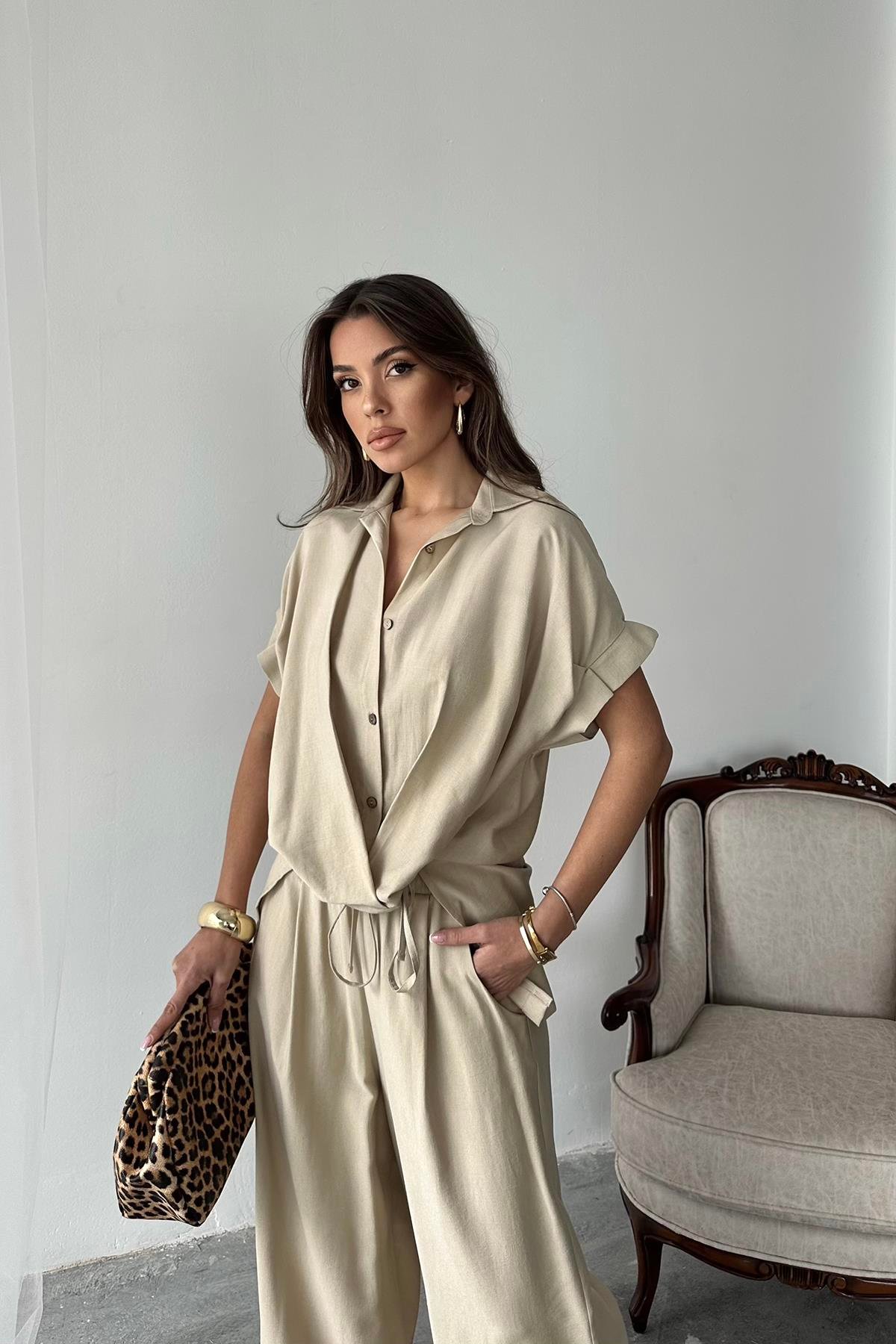 Wholesale Stone Front Pleated Two Piece Linen Set