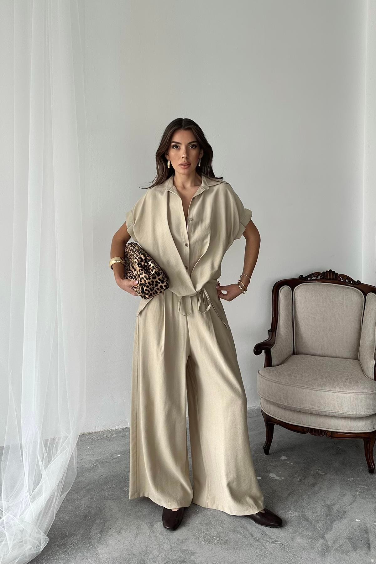 Wholesale Stone Front Pleated Two Piece Linen Set