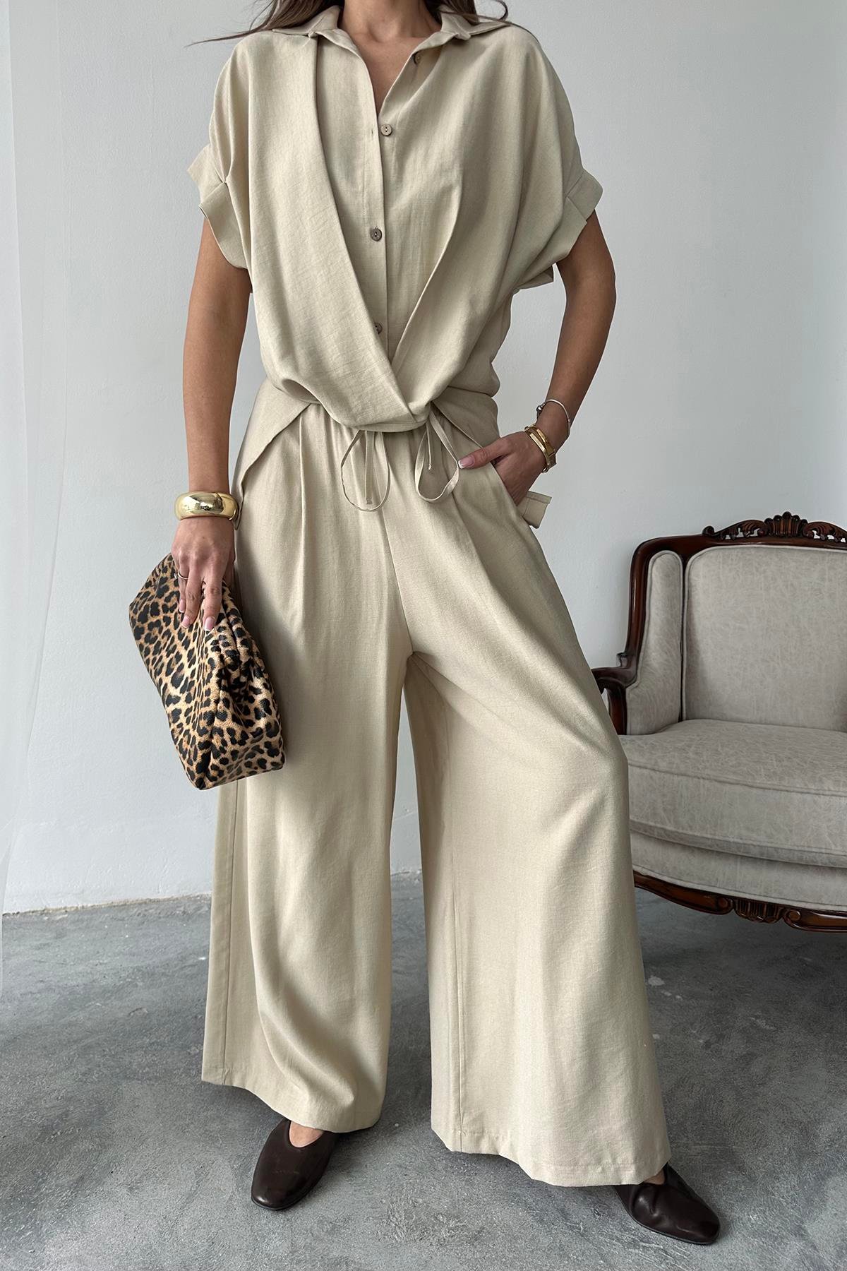 Wholesale Stone Front Pleated Two Piece Linen Set