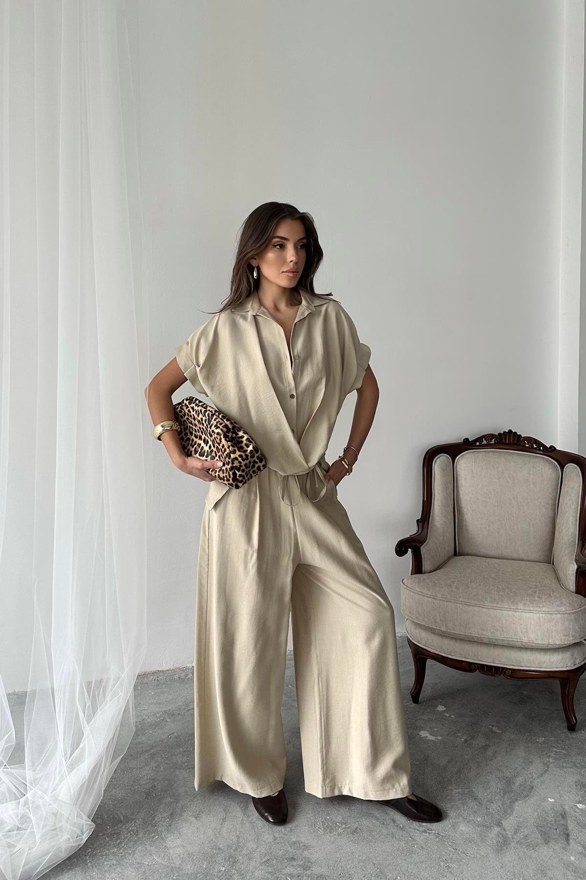 Wholesale Stone Front Pleated Two Piece Linen Set