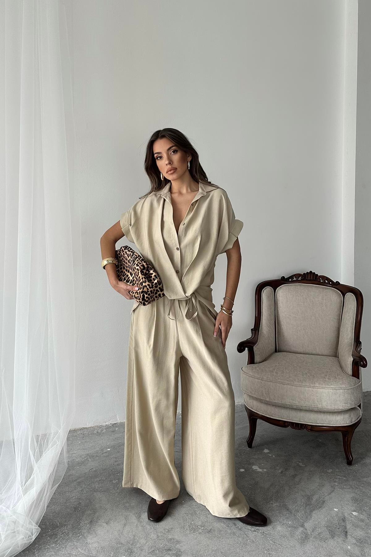 Wholesale Stone Front Pleated Two Piece Linen Set