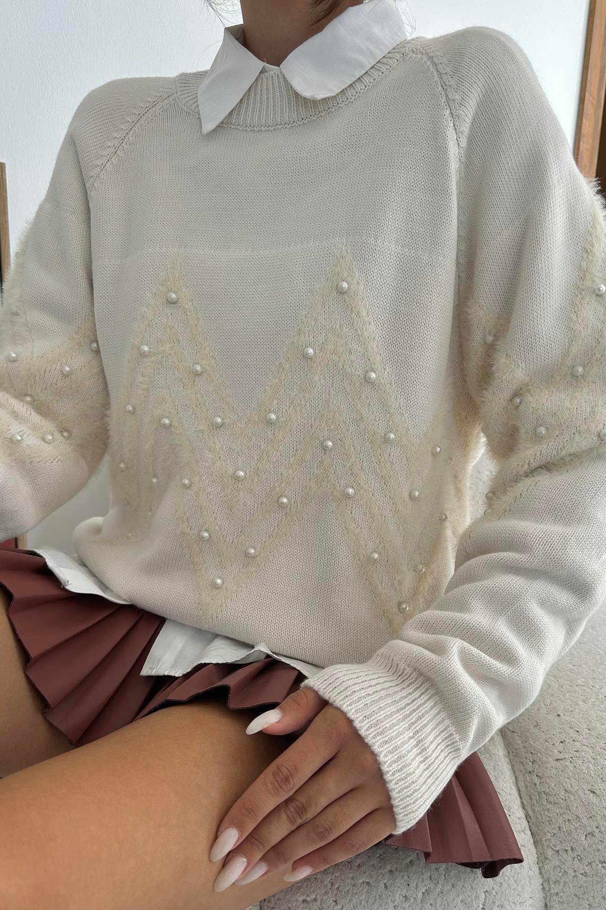 Toptan Taş Zikzak Boncuklu Triko Kazak