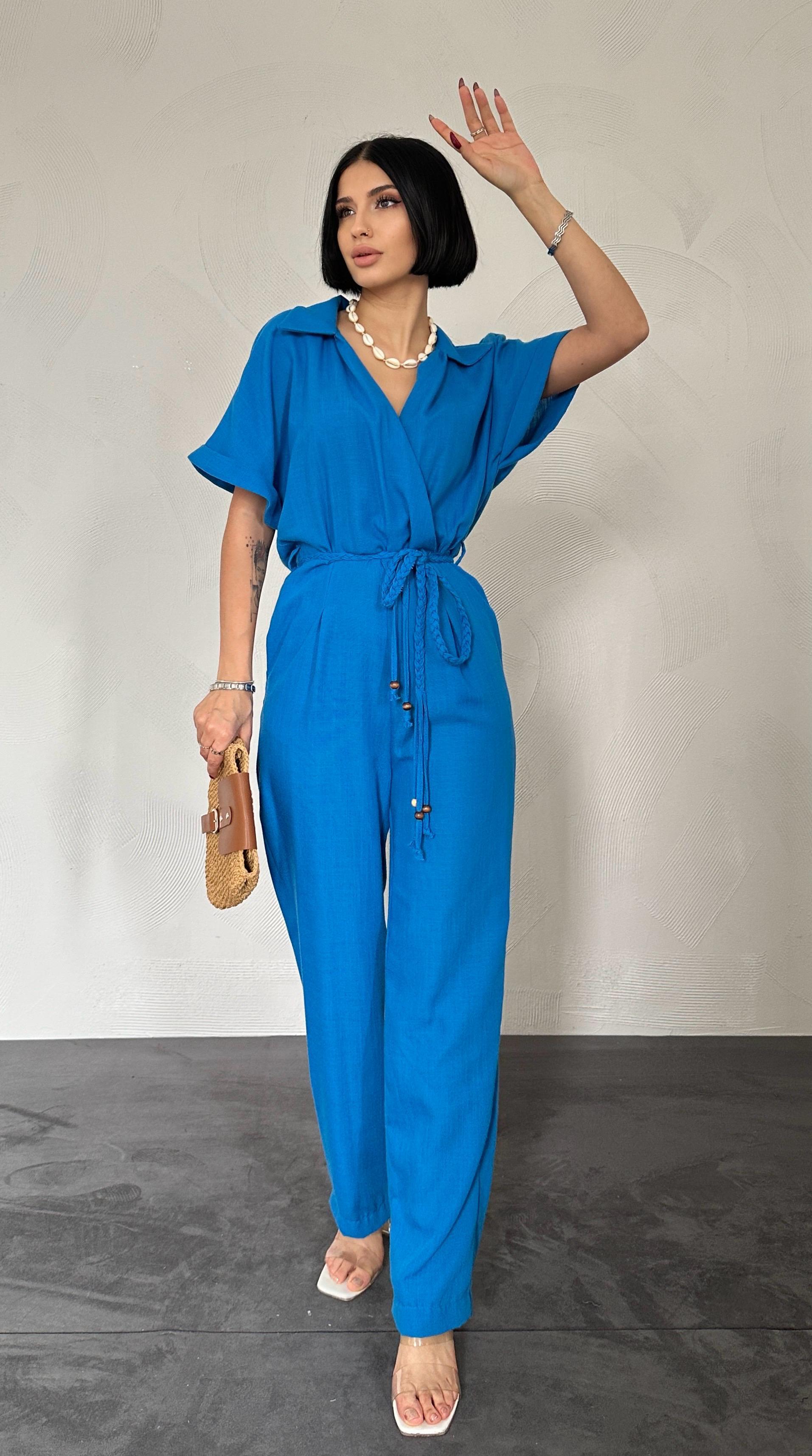 Toptan Turkuaz Kruvaze Tulum