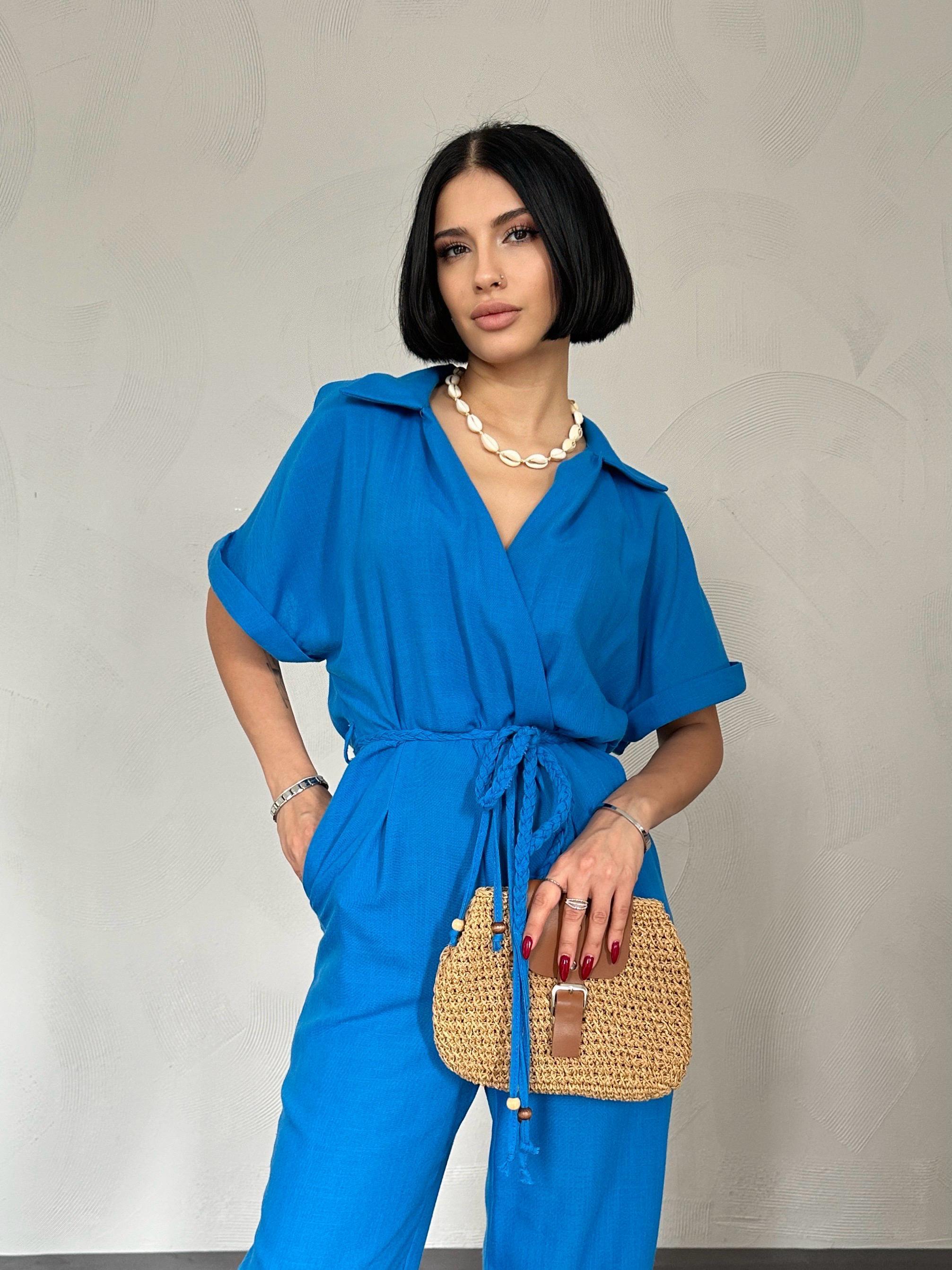 Toptan Turkuaz Kruvaze Tulum