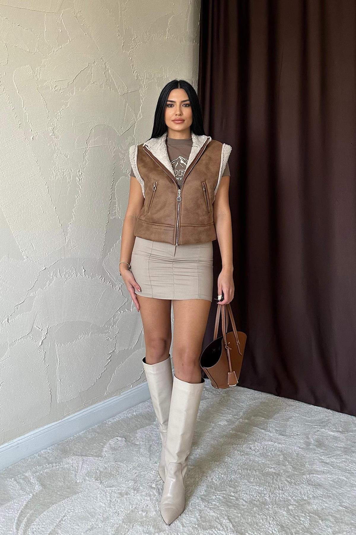 Оптовый короткий жилет из норки с карманом