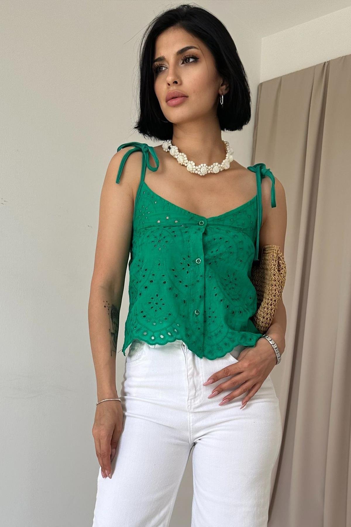 Wholesale Green Laced Embroidered Blouse
