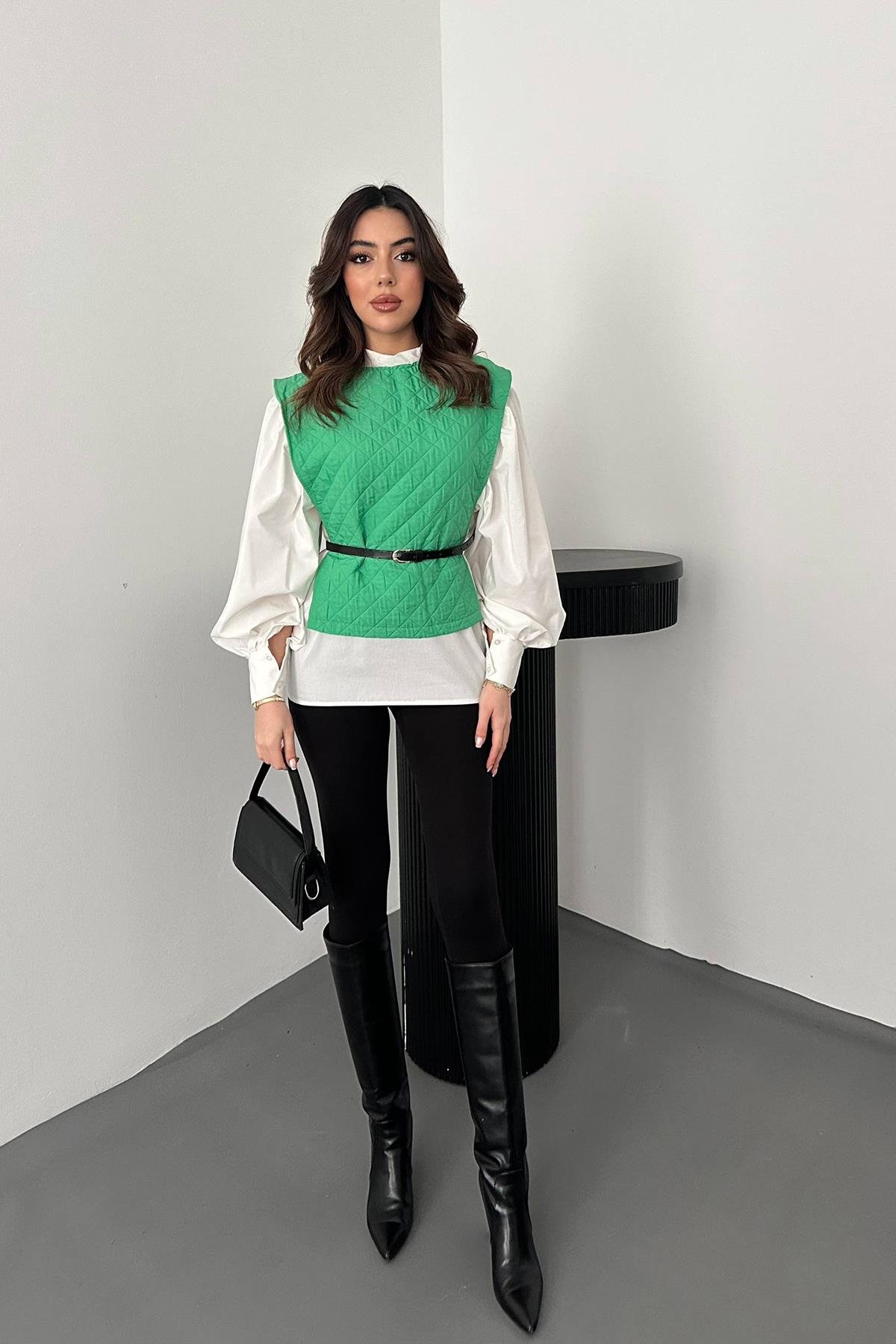 Toptan Yeşil Kemerli Gömlek ve Panço Takım