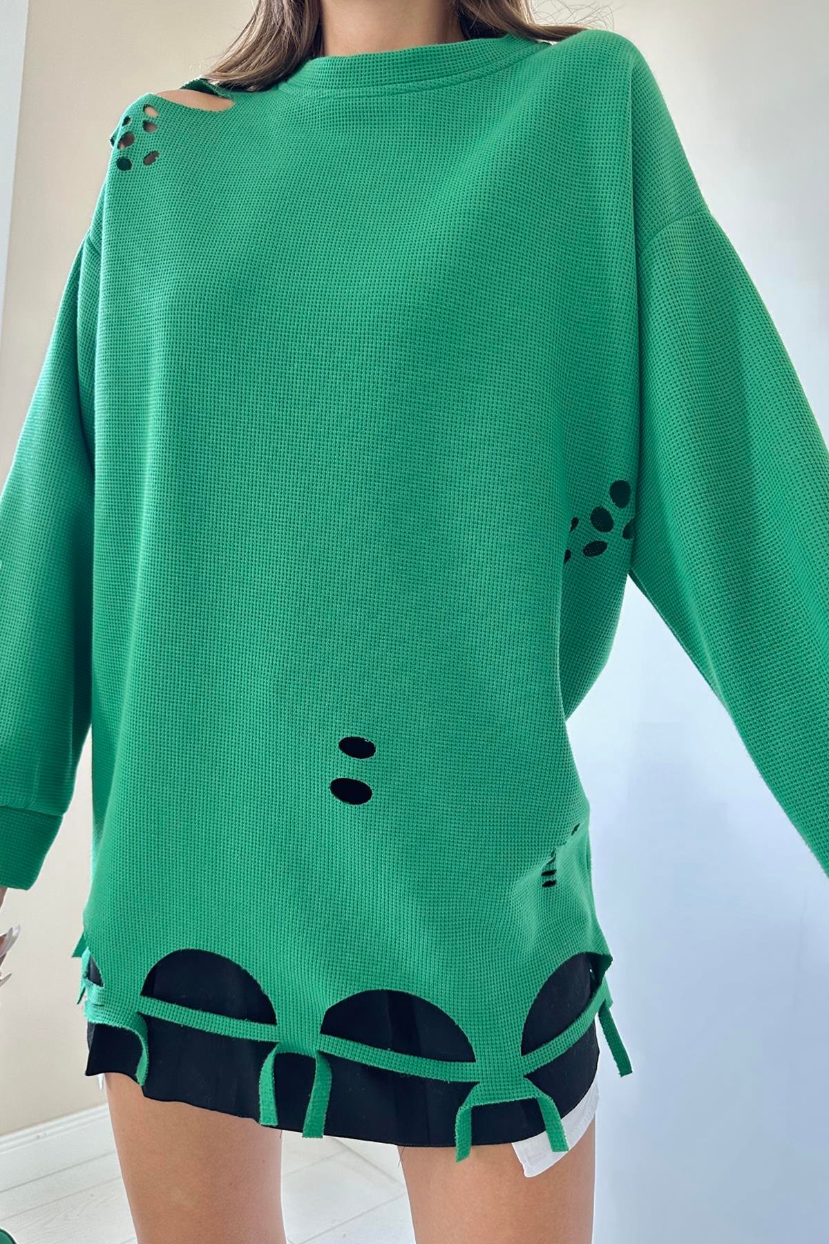 Toptan Yeşil Lazer Kesim Bluz