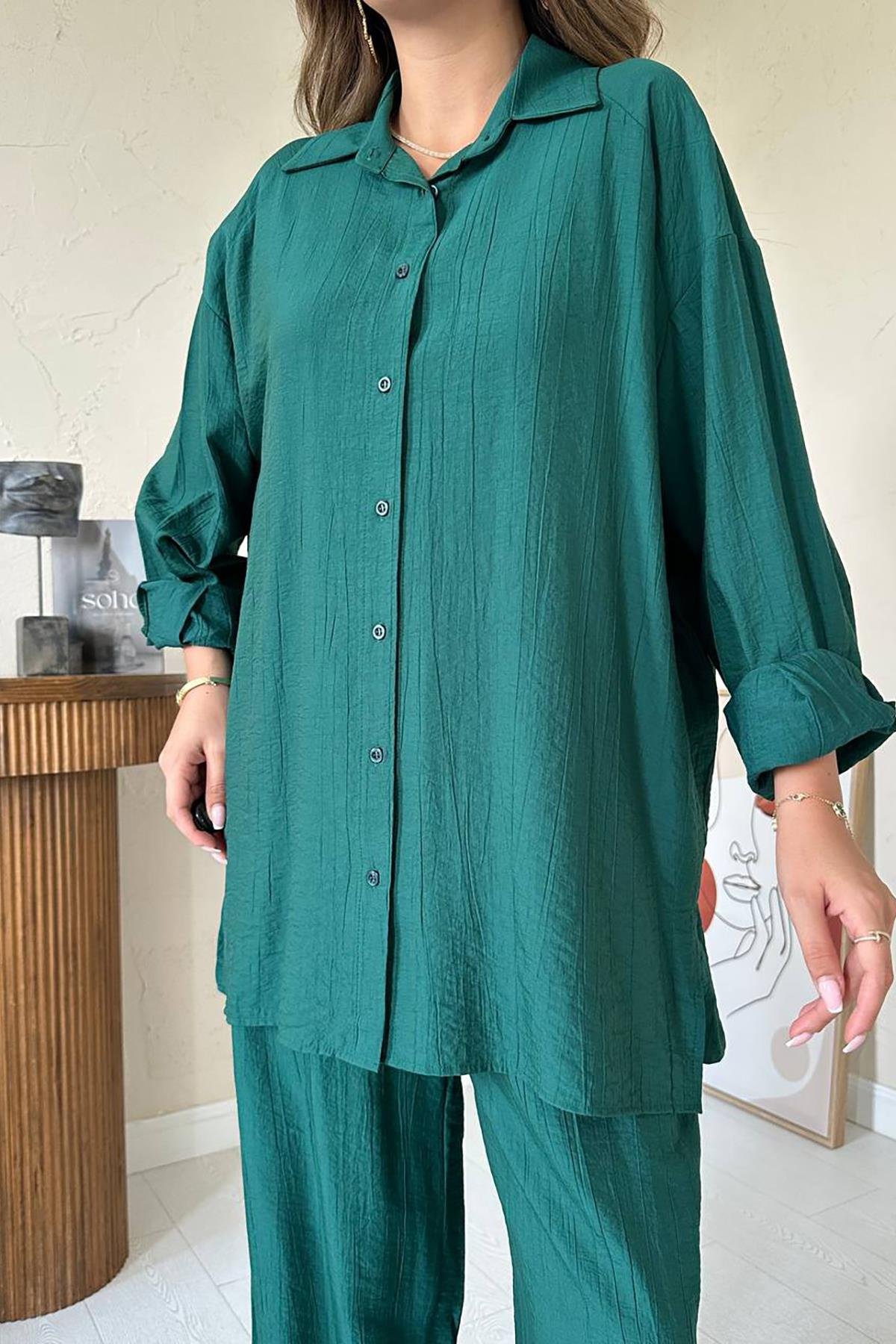 Toptan Zümrüt Alice Gömlek ve Bol Kesim Pantolon Takım