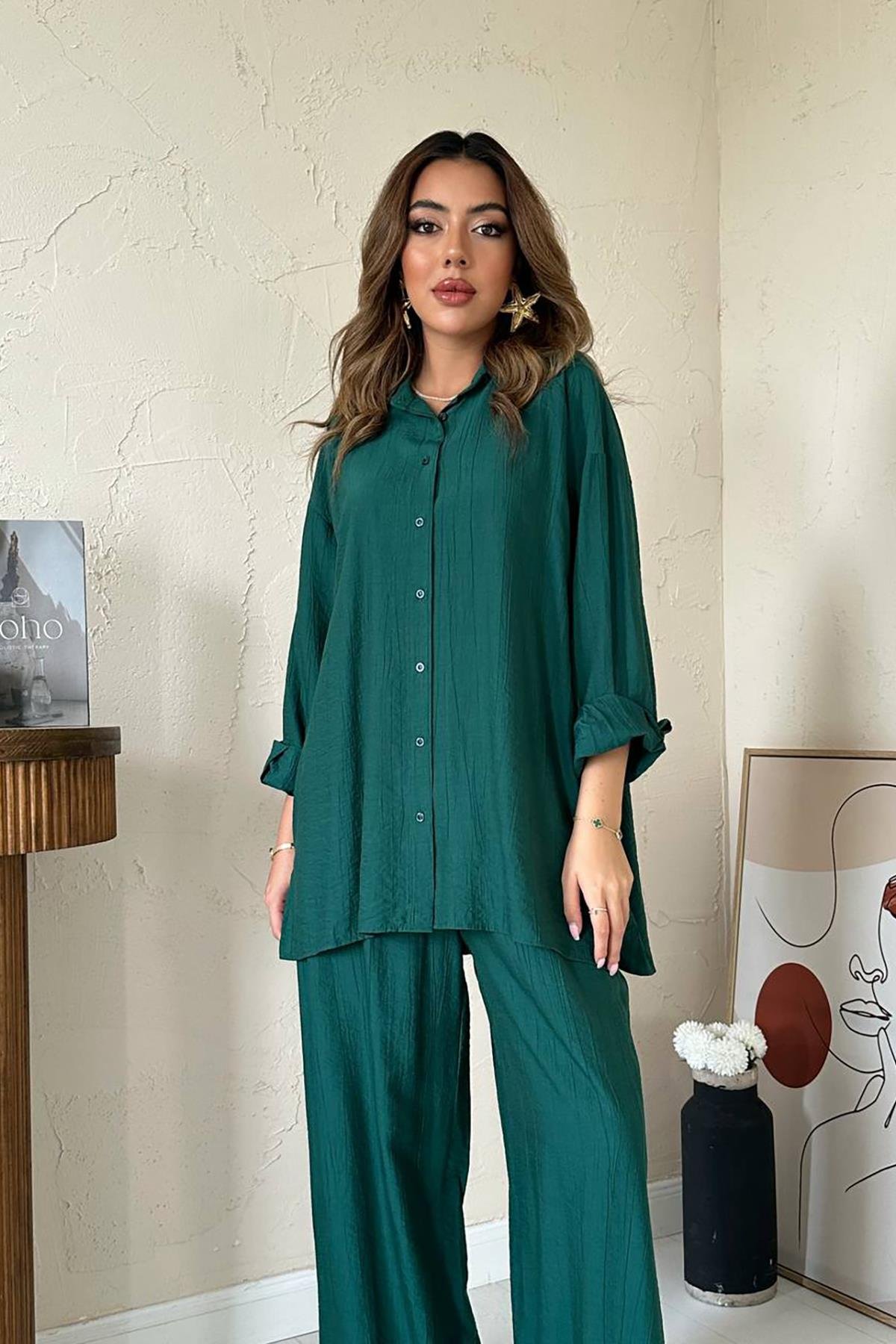 Toptan Zümrüt Alice Gömlek ve Bol Kesim Pantolon Takım