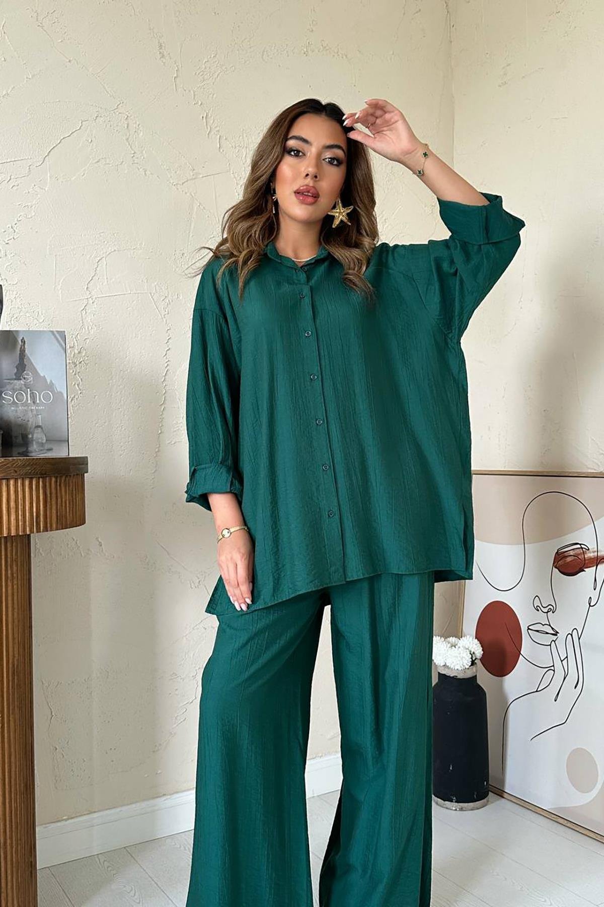 Toptan Zümrüt Alice Gömlek ve Bol Kesim Pantolon Takım
