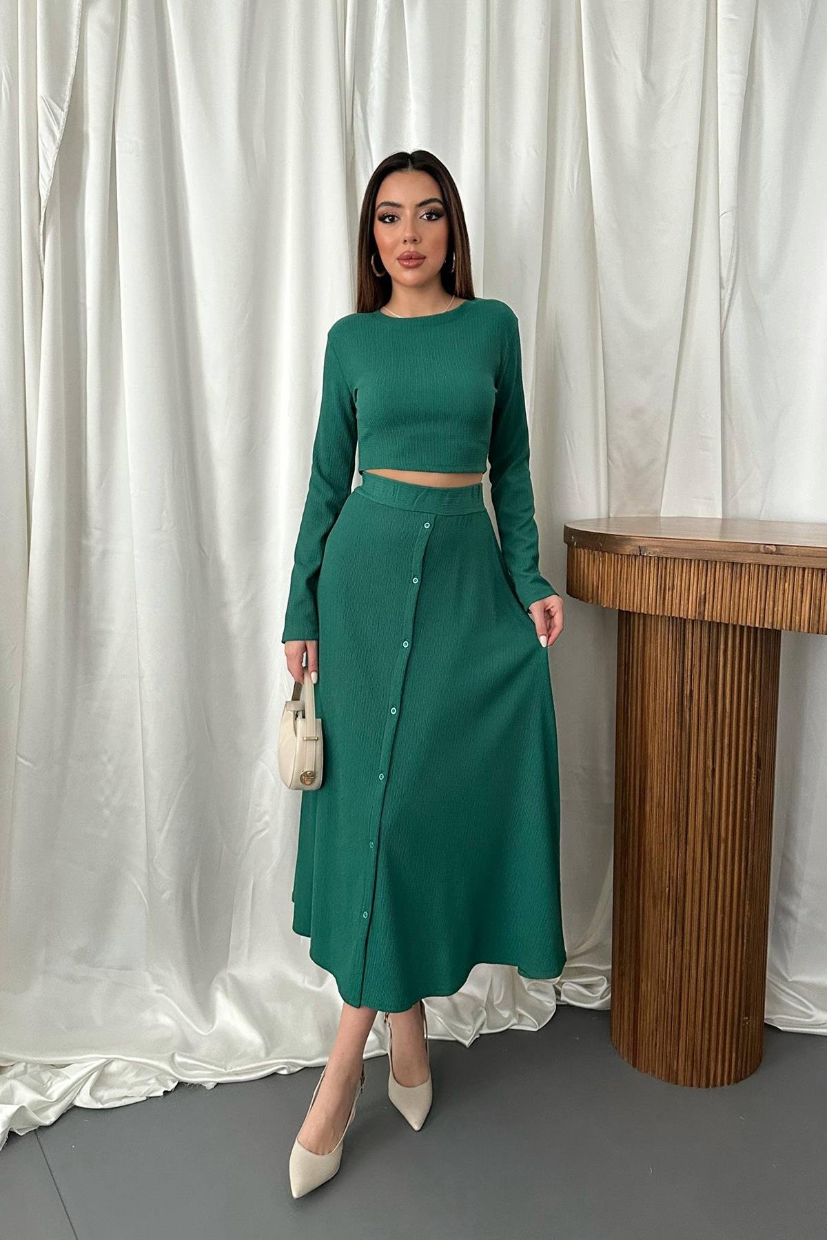 Toptan Zümrüt Fitilli Bluz & Etek Takım