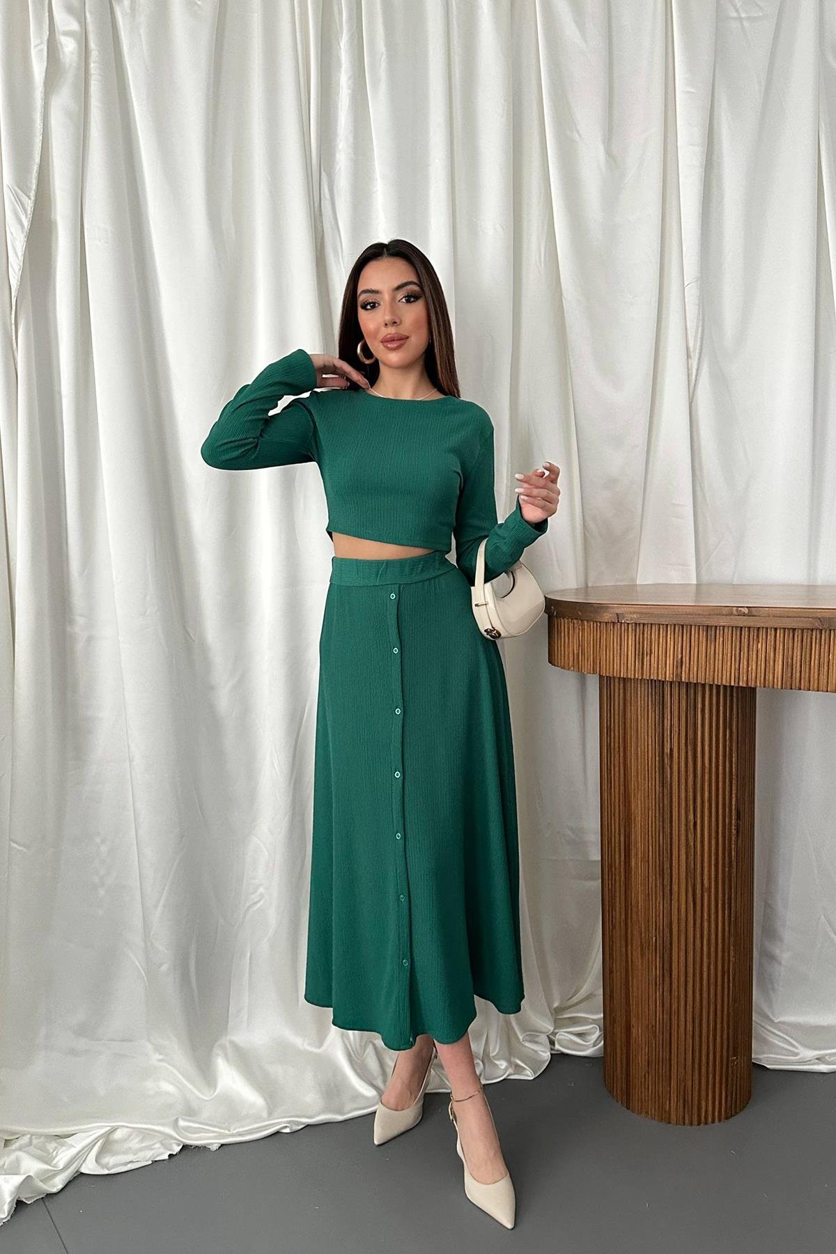 Toptan Zümrüt Fitilli Bluz & Etek Takım