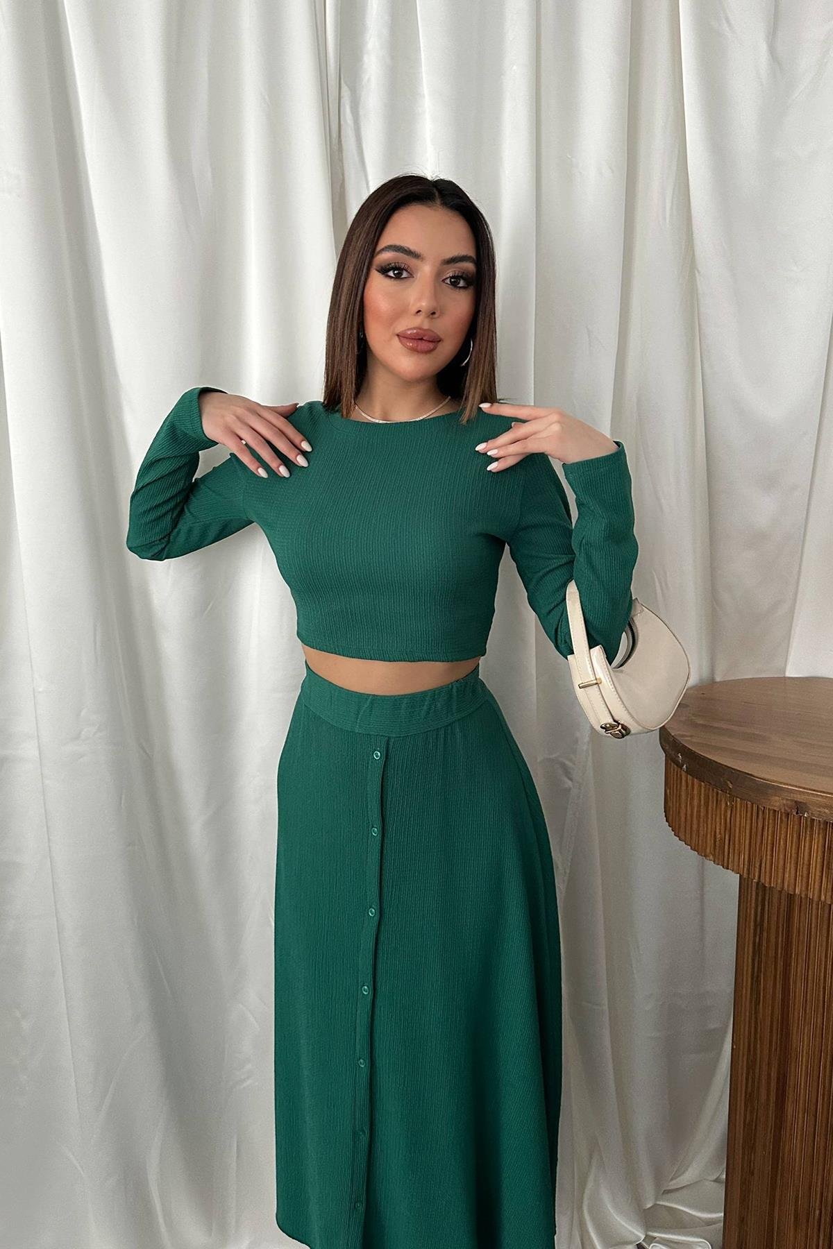 Toptan Zümrüt Fitilli Bluz & Etek Takım