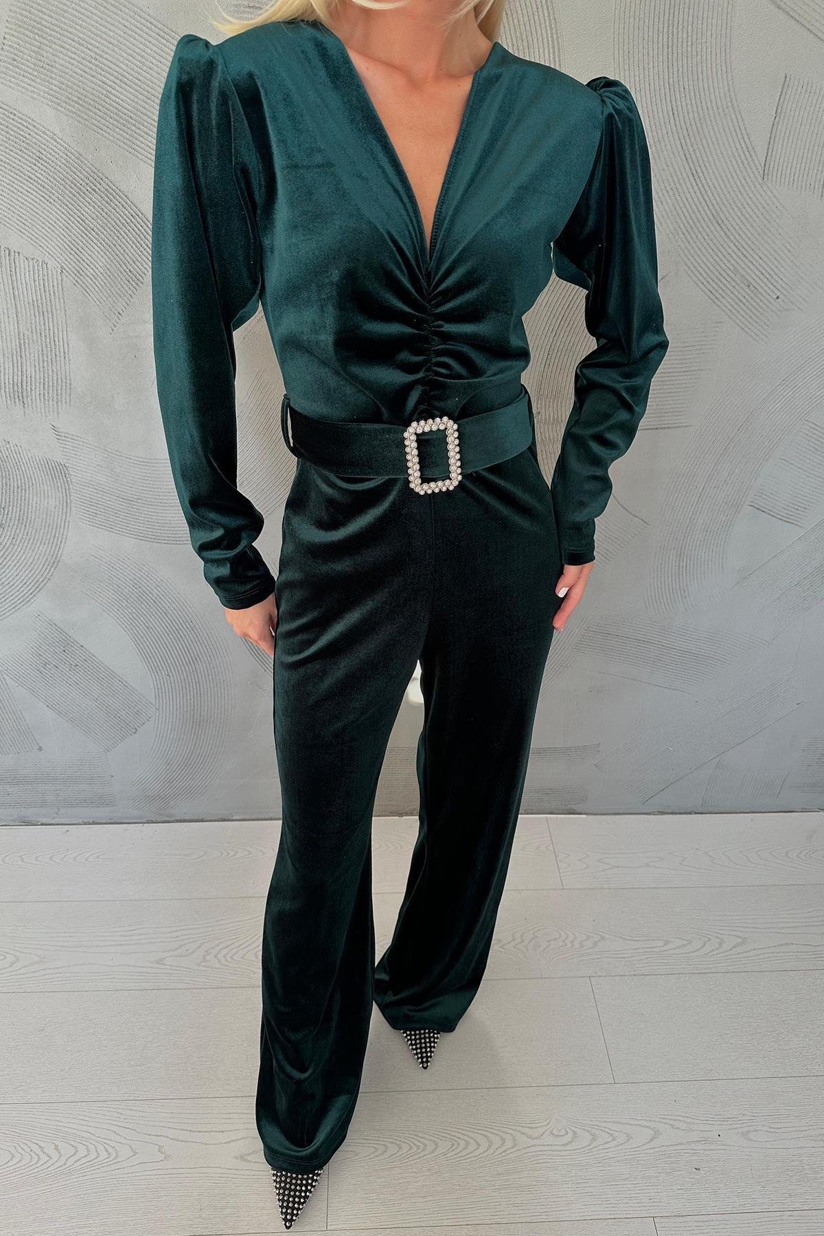 Toptan Zümrüt Kemerli Kadife Tulum