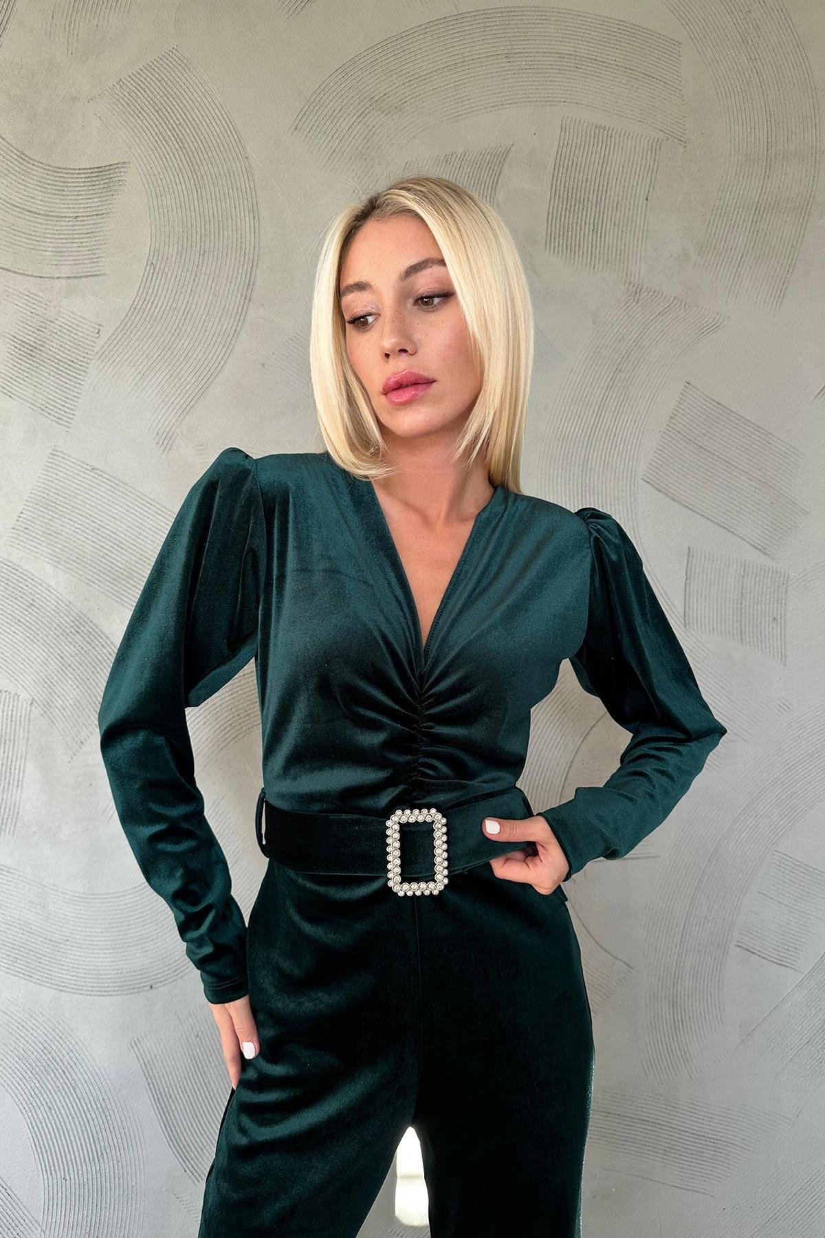 Toptan Zümrüt Kemerli Kadife Tulum