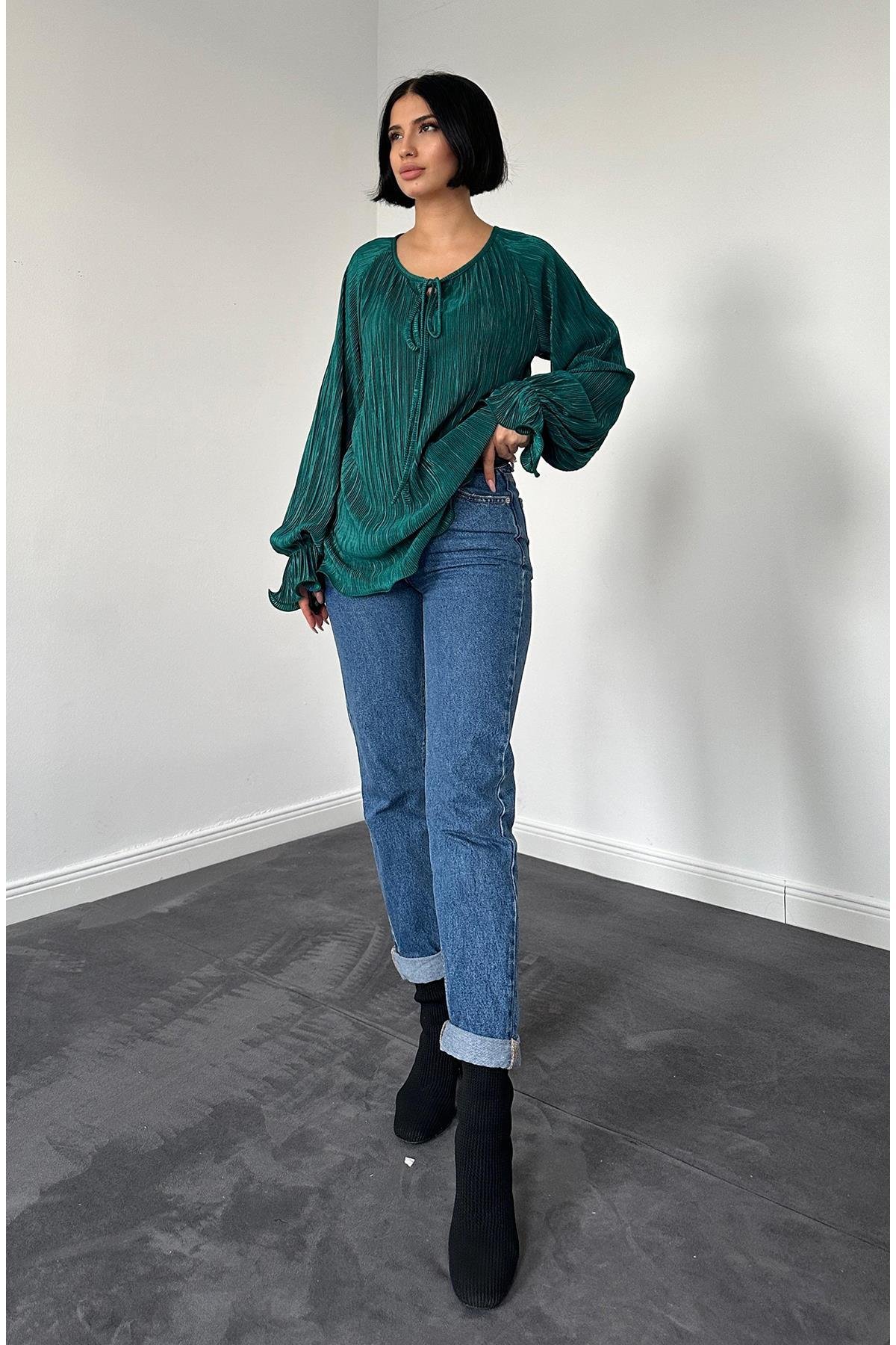 Toptan Zümrüt Reglan Kol Piliseli Bluz