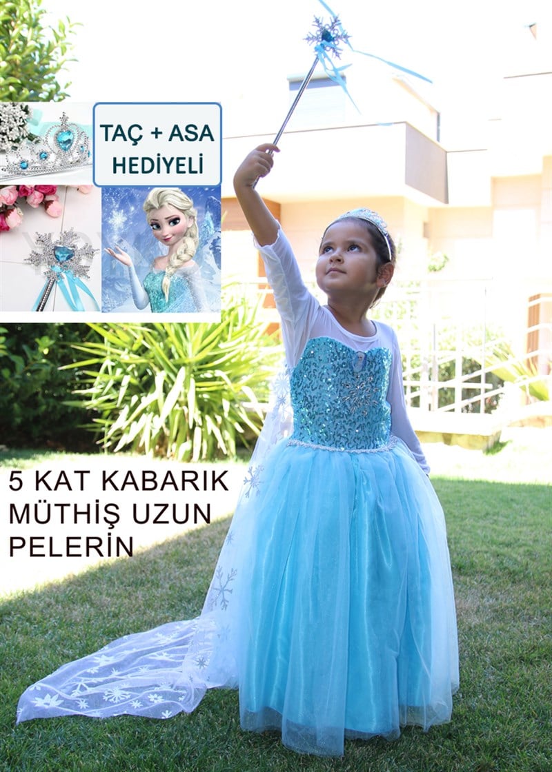 UZUN PELERİN KABARIK ELSA KOSTÜMÜ ELSA ELBİSESİ HEDİYELİ