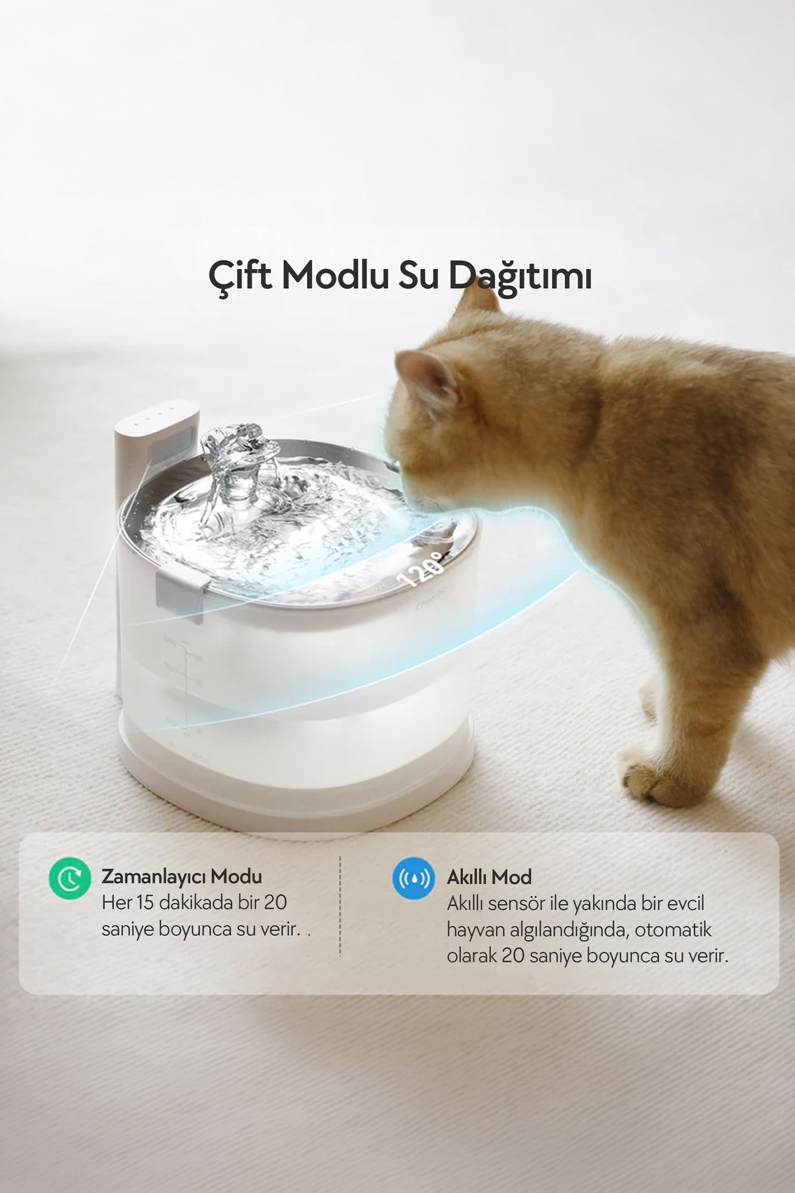 Cheerble E1+ Çelik Hazneli Şarjlı Otomatik Kedi Su Pınarı 22 X 20 X 18, 2lt