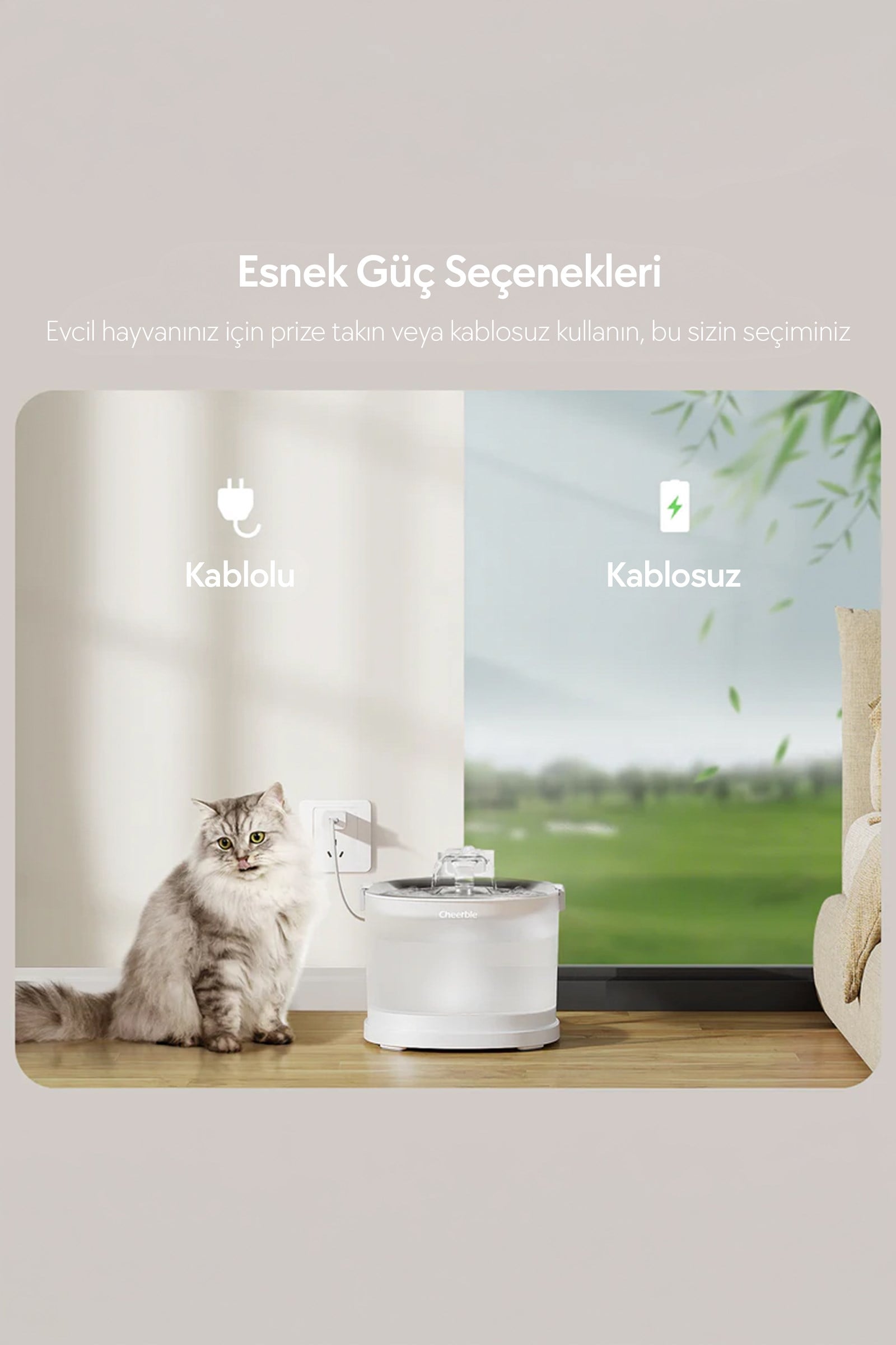 Cheerble E1+ Çelik Hazneli Şarjlı Otomatik Kedi Su Pınarı 22 X 20 X 18, 2lt