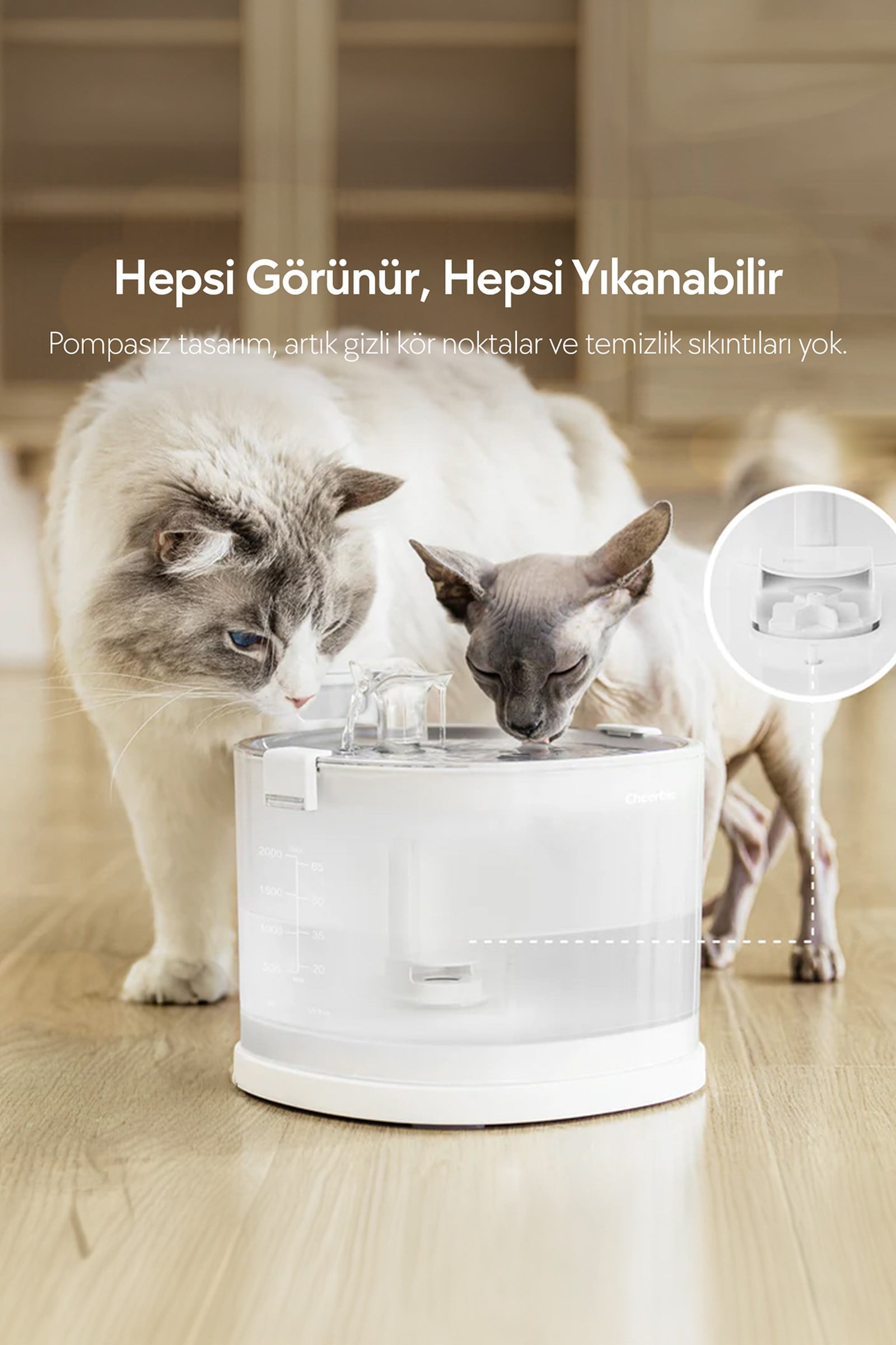 Cheerble E1+ Çelik Hazneli Şarjlı Otomatik Kedi Su Pınarı 22 X 20 X 18, 2lt