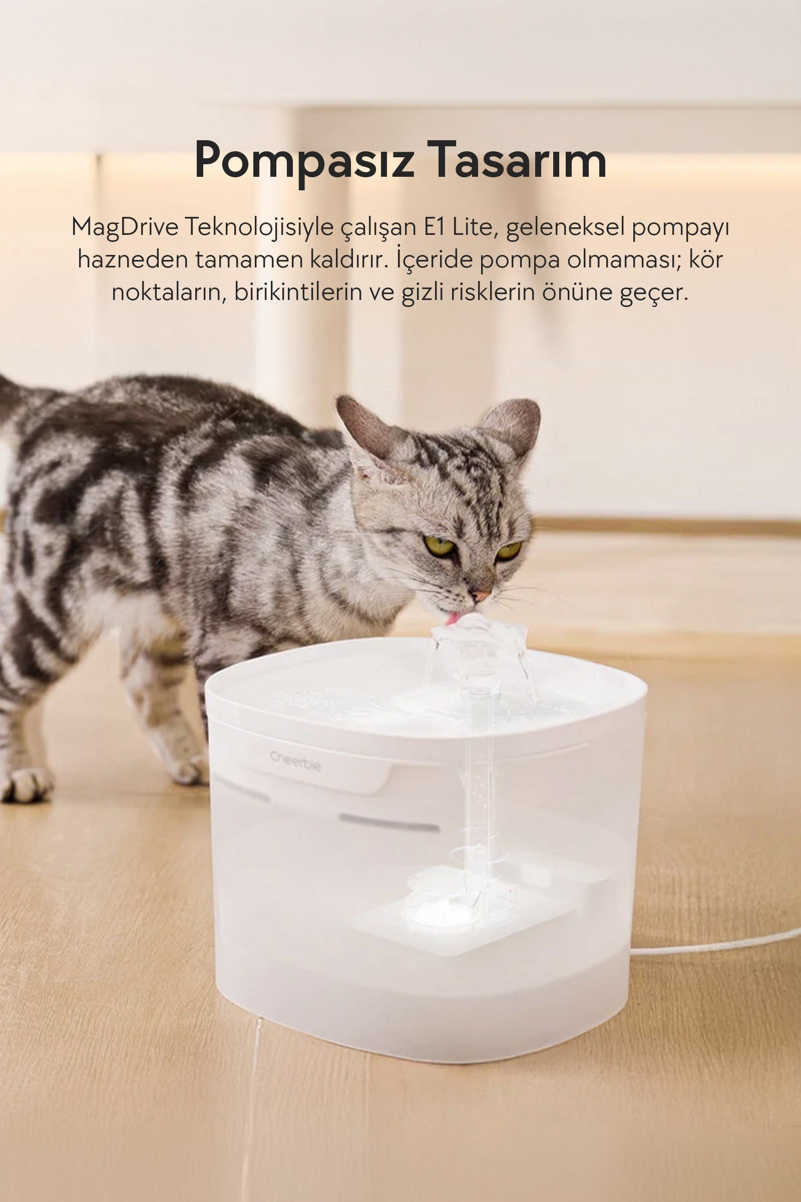 Cheerble E1 Lite Plastik Hazneli Otomatik Kedi Su Pınarı 21 X 19 X 17, 2lt