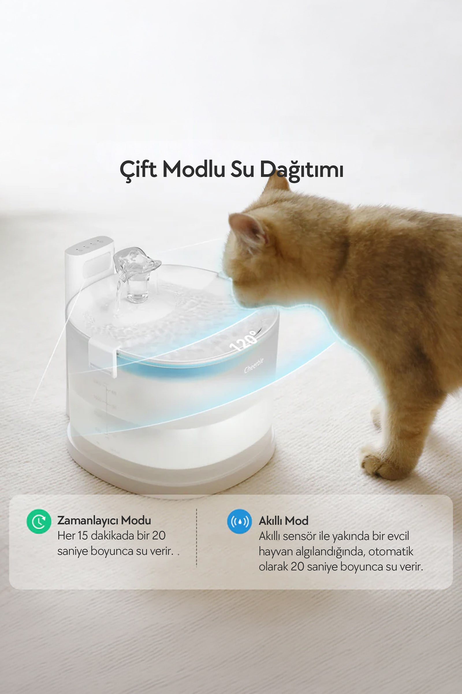 Cheerble E1 Plastik Hazneli Şarjlı Otomatik Kedi Su Pınarı 22 X 20 X 18, 2lt