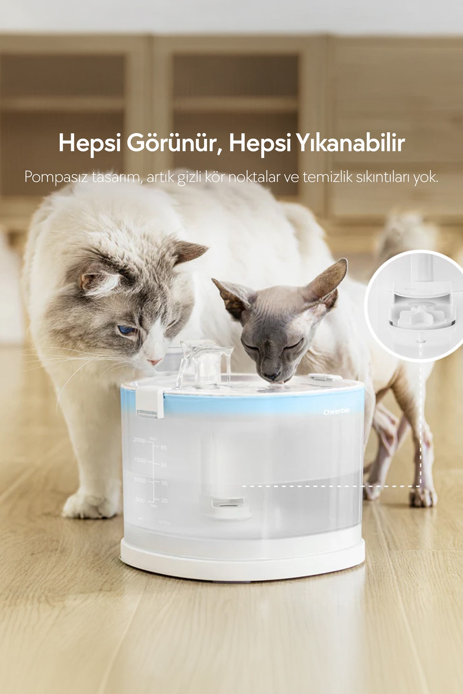 Cheerble E1 Plastik Hazneli Şarjlı Otomatik Kedi Su Pınarı 22 X 20 X 18, 2lt