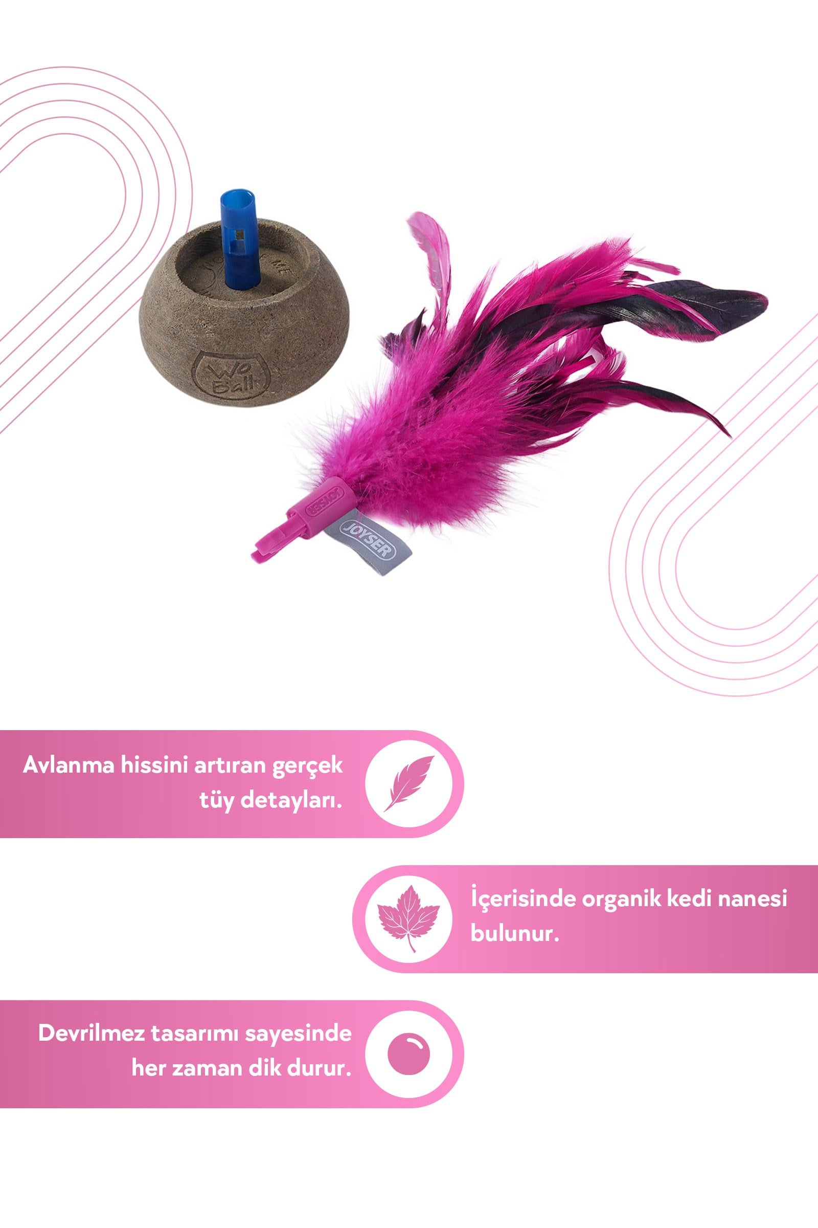 JOYSER Catnip Woball Gerçek Tüylü Kedi Otlu Sallanan Kedi Oyuncağı 14 cm