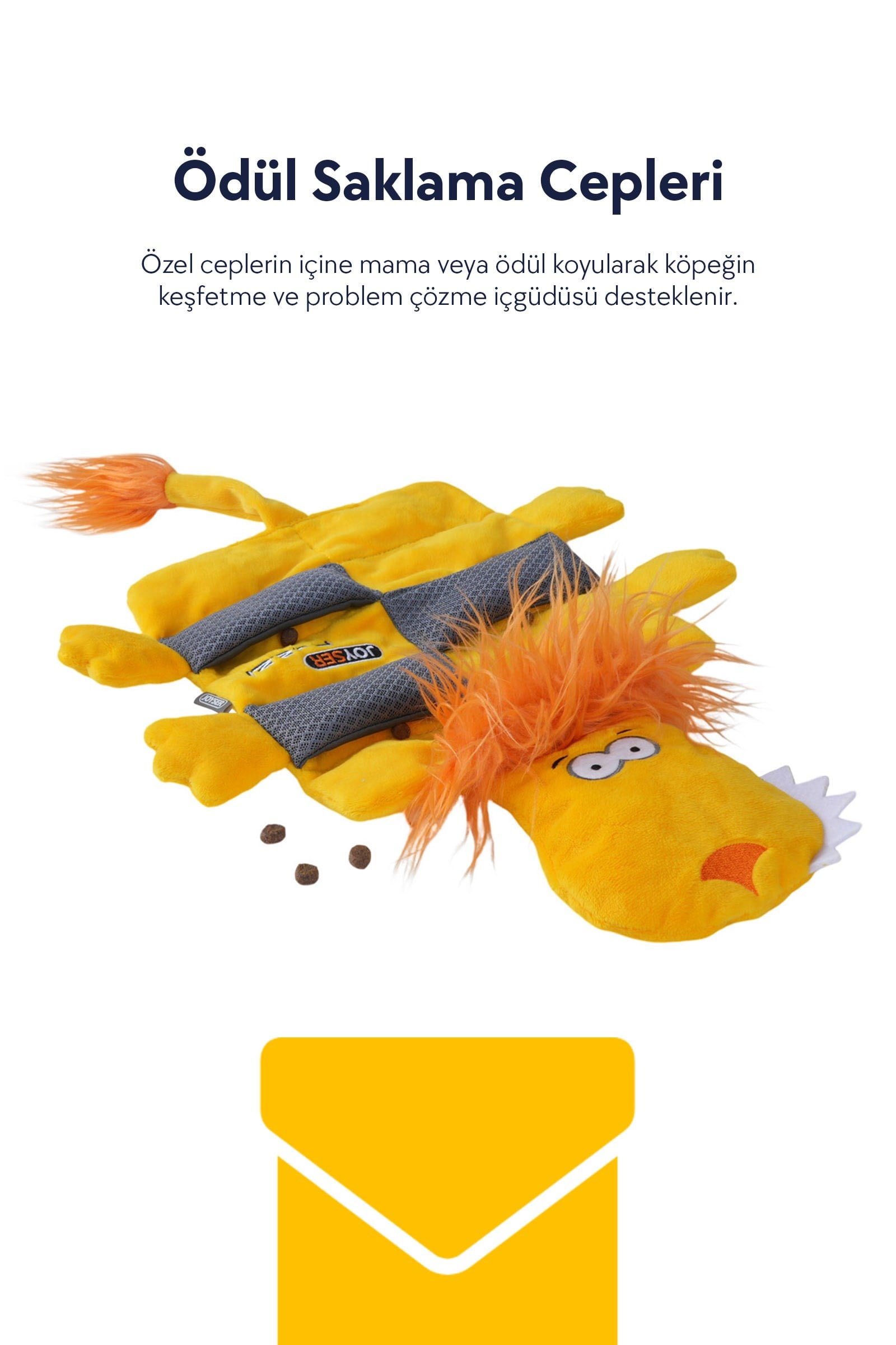 JOYSER Puzzl Peluş Aslan, Ödül Mamaları için File Cepli Köpek Oyuncağı 27 cm