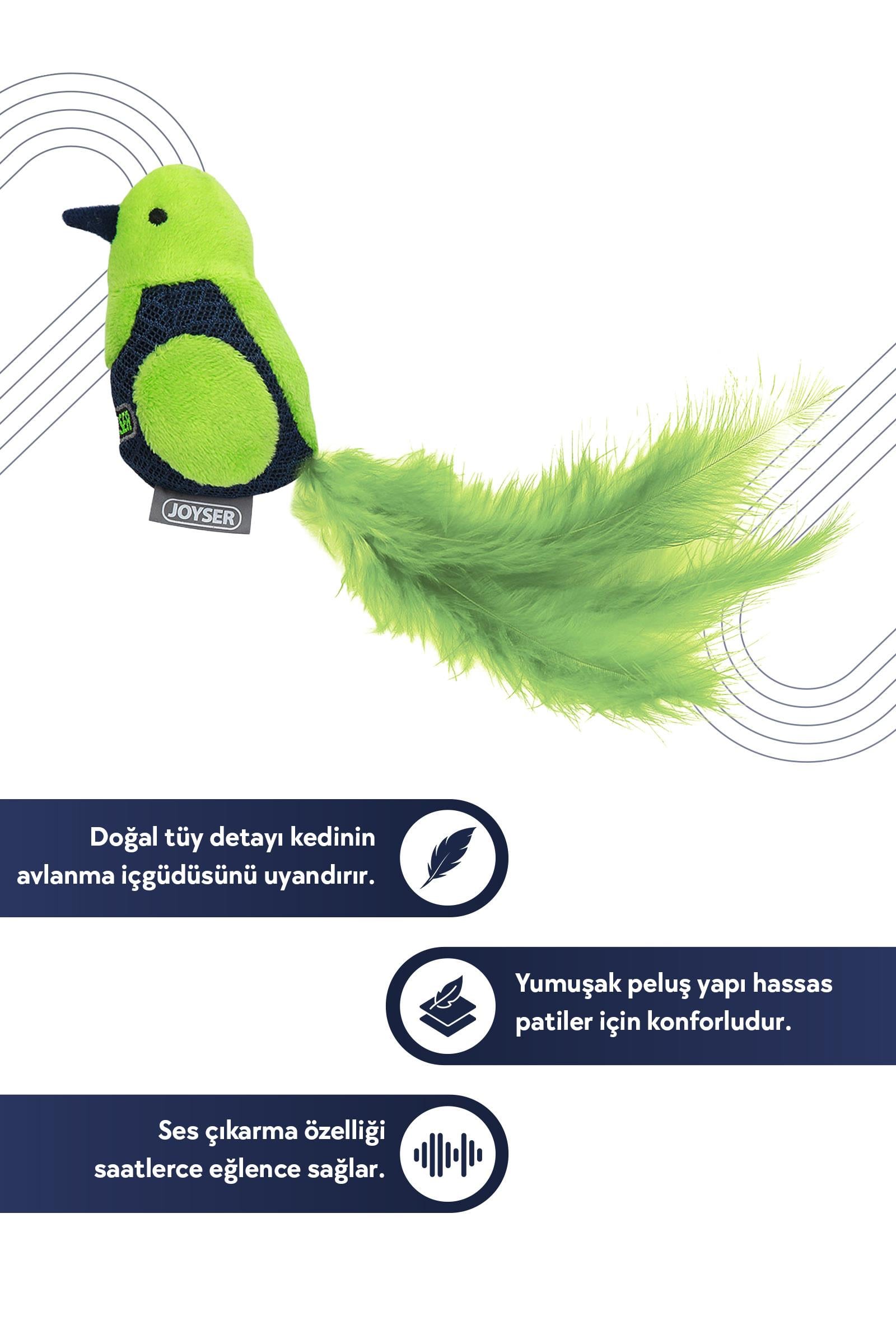 JOYSER Tüylü ve Sesli Hareketli Kuş, Kedi Oyuncağı 19 cm