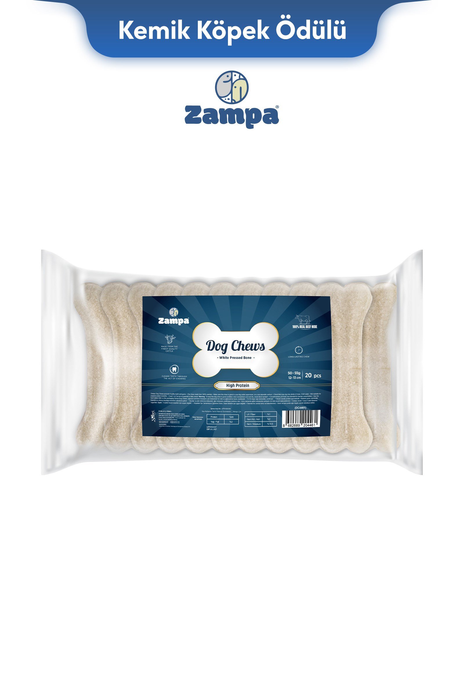 Zampa Beyaz Press Kemik Köpek Ödülü 20 li 50-55g