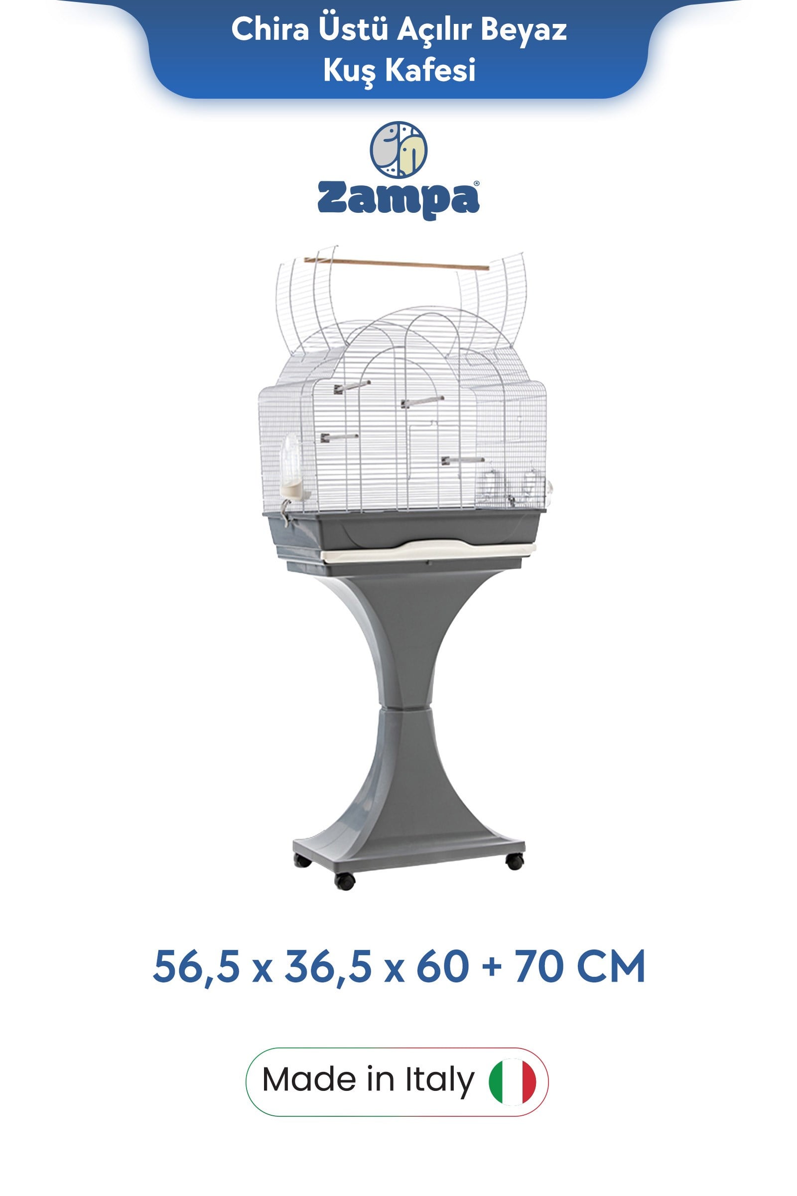 Zampa Plus Chiara Üstü Açılabilir Stantlı Kuş Kafesi Beyaz 56,5x36,5x60+70cm