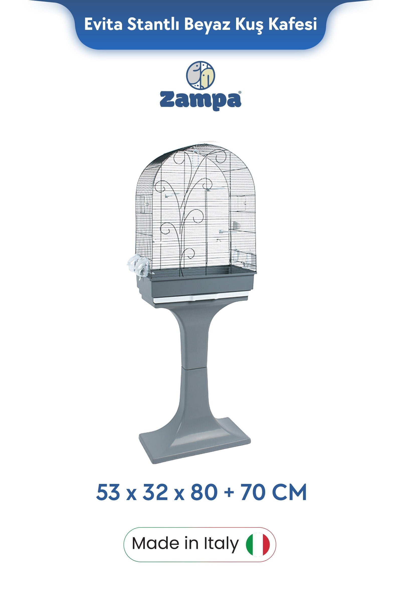 Zampa Plus Evita Stantlı Kuş Kafesi Gri 53x32x80 +70 cm