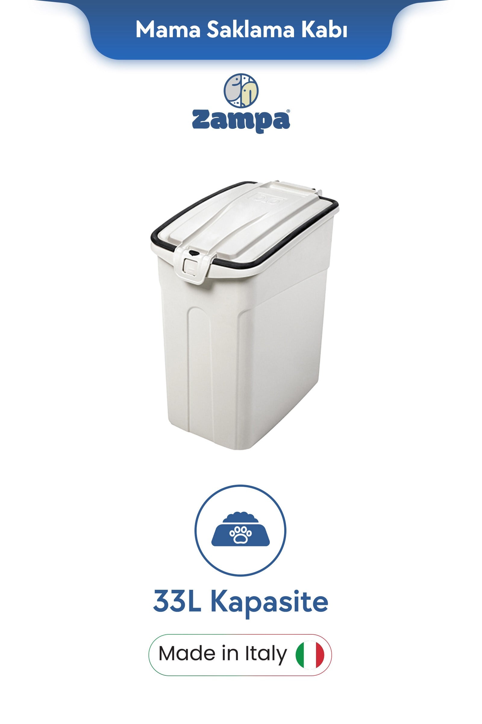 Zampa Plus Oto M Beyaz Mama Saklama Kabı (33L)