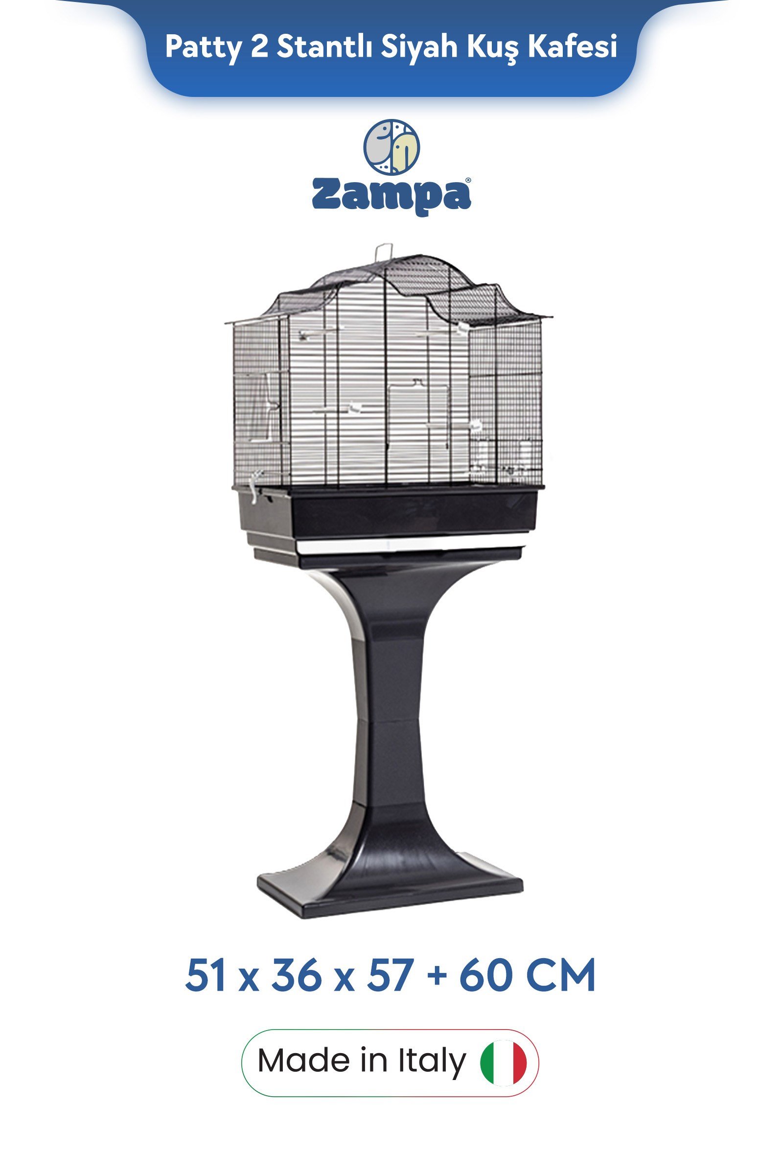 Zampa Plus Patty 2 Stantlı Kuş Kafesi Siyah 51x36x57+60cm
