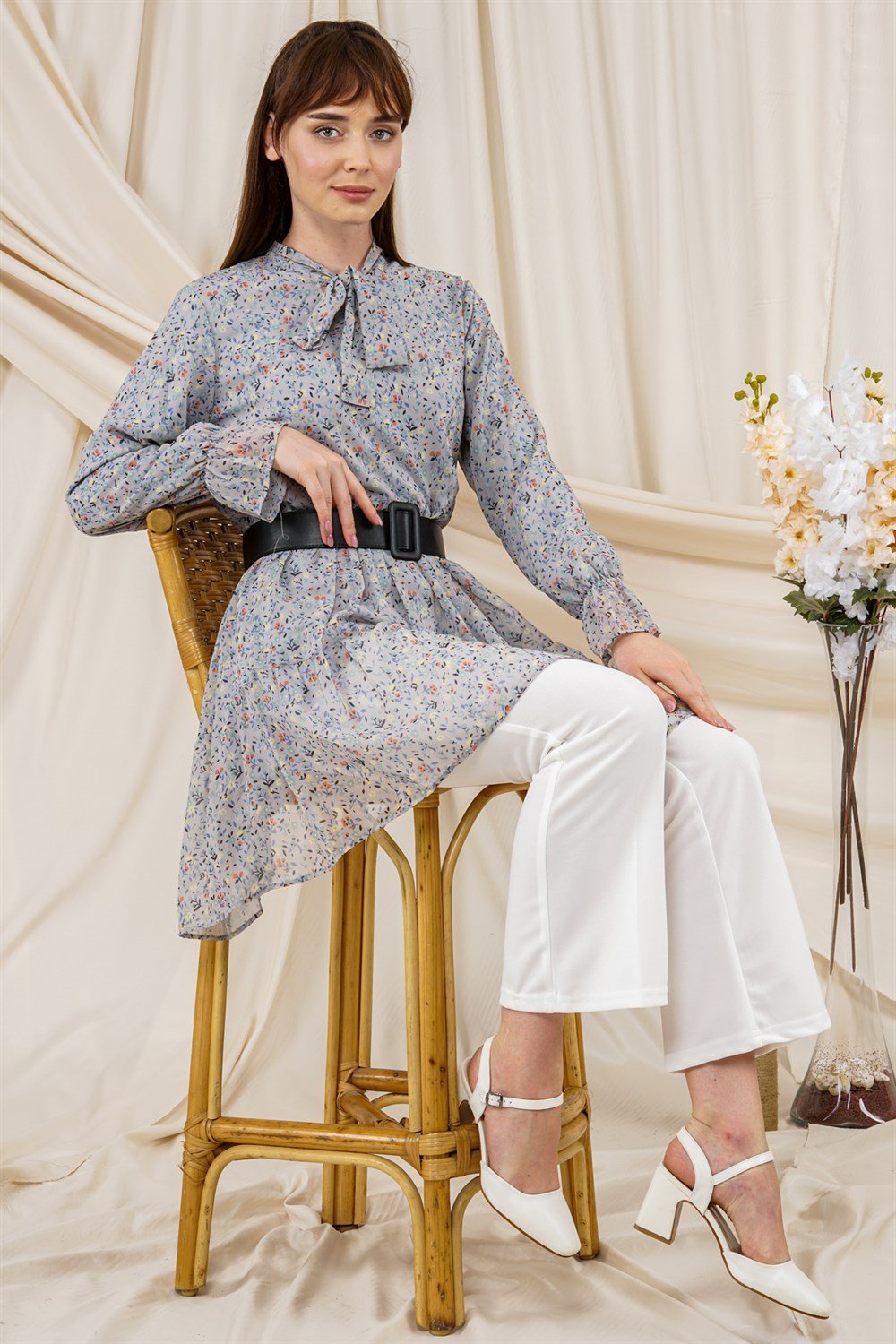 Kadın Çiçek Desenli Kemer Detaylı Bol Kesim Tunik  GriAT8005