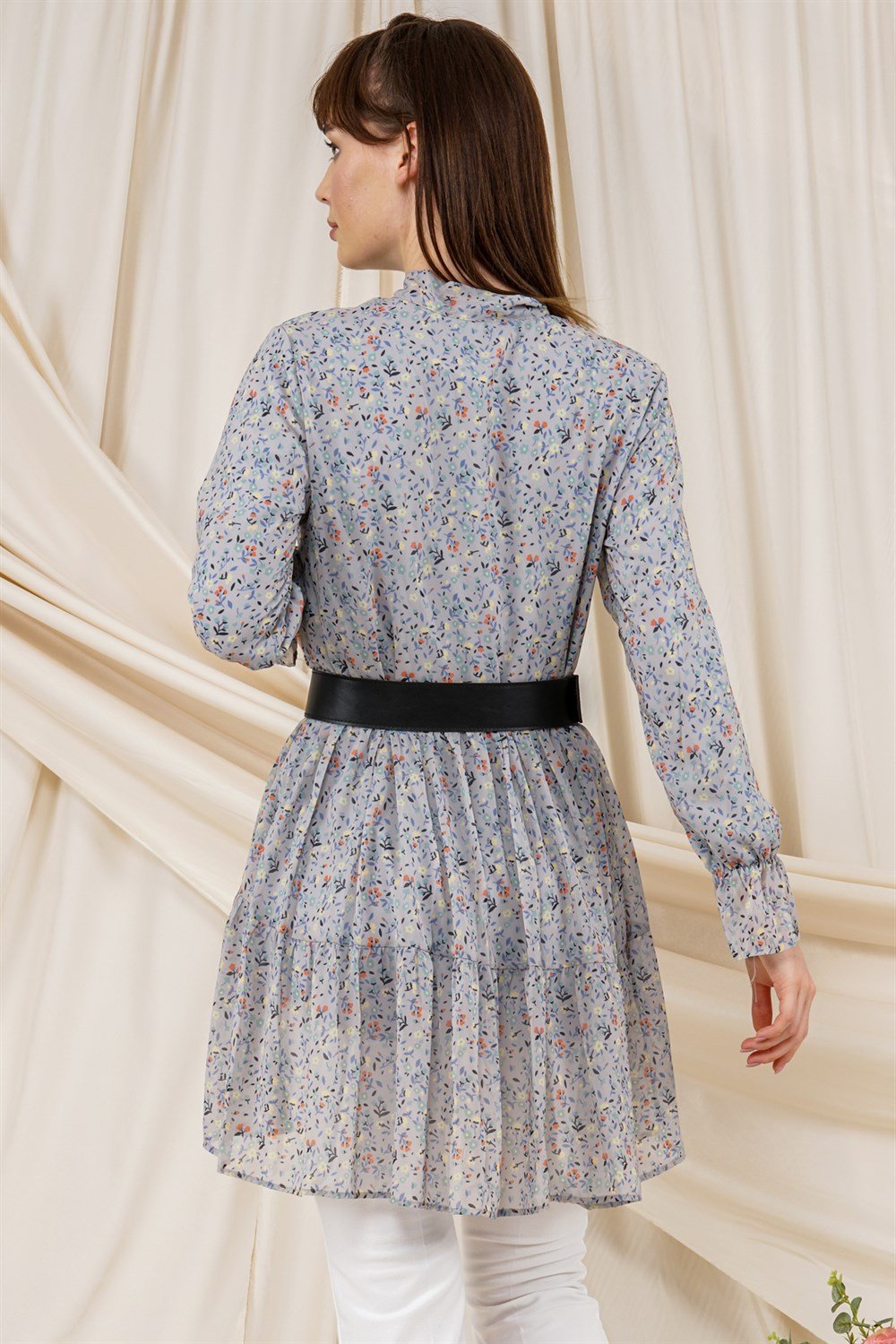 Kadın Çiçek Desenli Kemer Detaylı Bol Kesim Tunik  GriAT8005